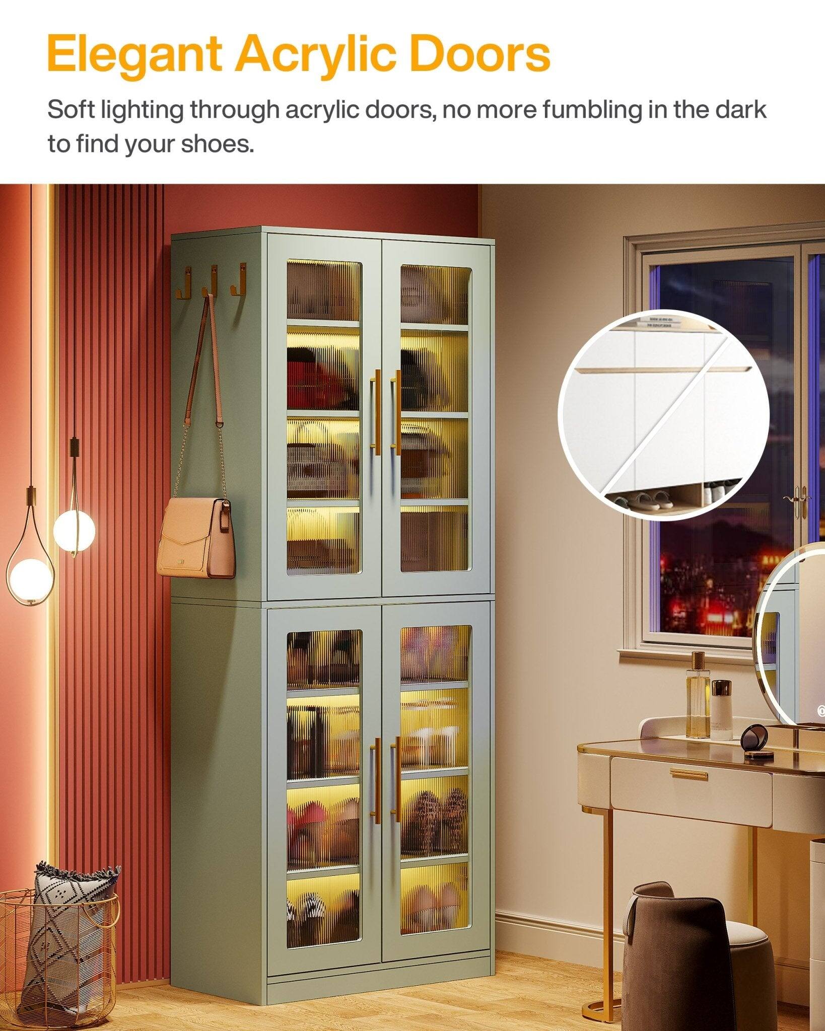 Elegant Acrylic Doors

Soft lighting through acrylic doors, no more fumbling in the dark to find your shoes.