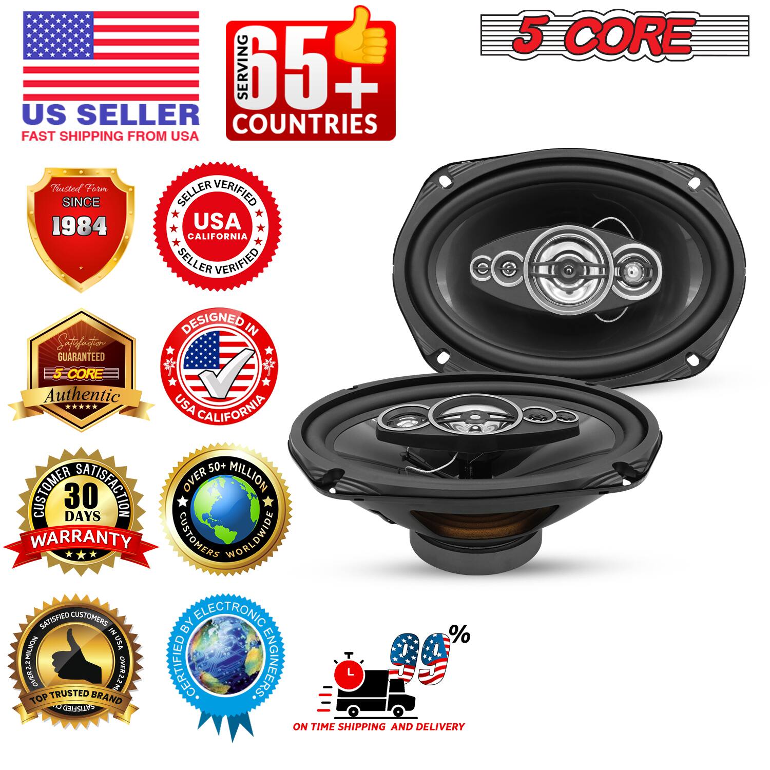 SERVING 65+ COUNTRIES  
US SELLER  
FAST SHIPPING FROM USA  

TRUSTED SINCE 1984  
SELLER VERIFIED  
USA CALIFORNIA  
DESIGNED IN USA CALIFORNIA  

SATISFACTION GUARANTEED  
5 CORE  
Authentic  

30 DAYS WARRANTY  
OVER 50+ MILLION CUSTOMERS WORLDWIDE  
SATISFIED CUSTOMERS IN % IN USA  

CERTIFIED BY ELECTRONIC ENGINEERS  
TOP TRUSTED BRAND  
ON TIME SHIPPING AND DELIVERY