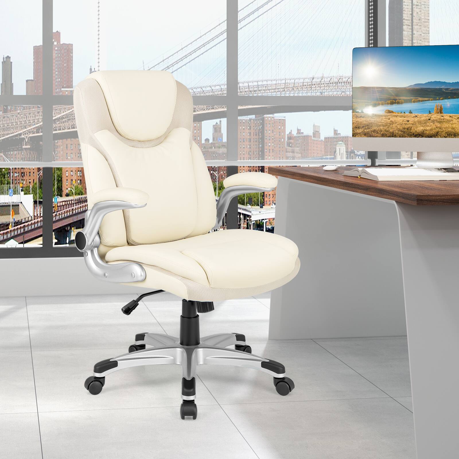 Alt View 2. SlickBlue - Ergonomic Office Chair with PU Leather, Flip-Up Armrests, and Rocking Motion - White.