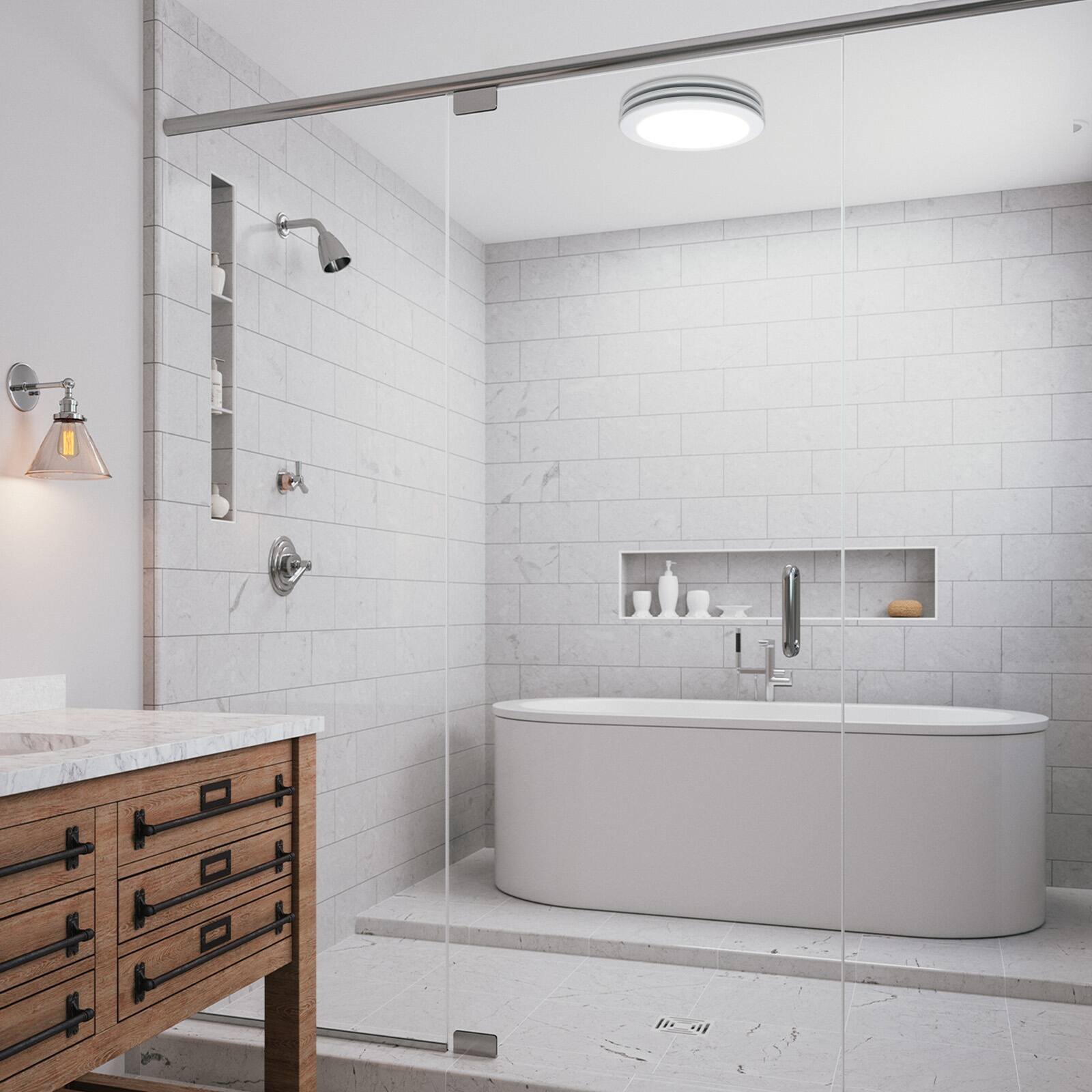 Alt View 5. Akicon - 1480NL Satin White 80 CFM 2 Sones Celling Bathroom Exhaust Fan with Light, 15 Watt Dimmable 3CCT LED Light - Satin White.