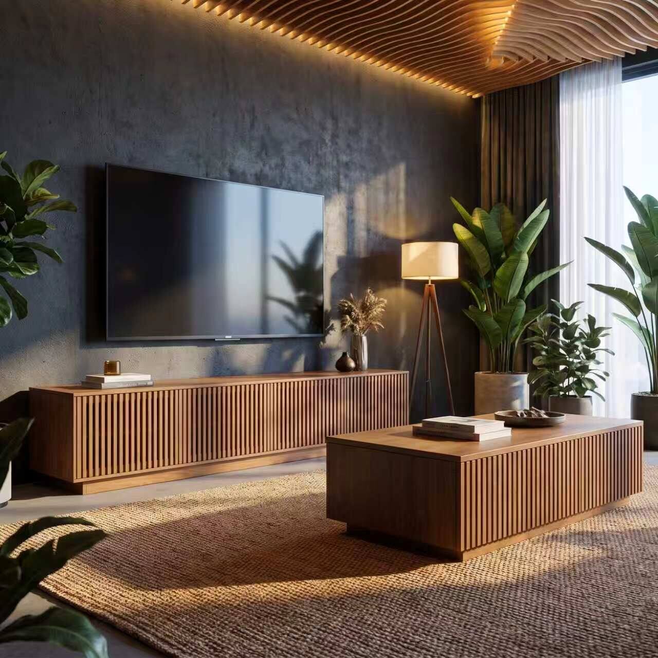 Left. luck idea - Slatted Wood TV Stand, 86.61 Inch Low‑Profile Media Console with Storage Cabinets for TVs Up to 85 Inch - brown.