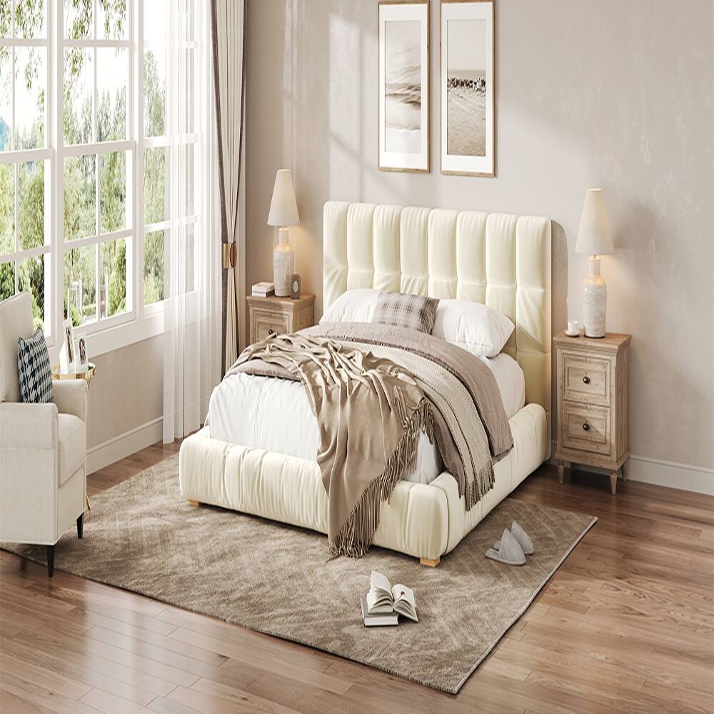 Alt View 4. Loheer - Loheer King Size Bed Frame Upholstered Platform Bed Velvet Beige Tufted Headboard Low Profile - Beige.