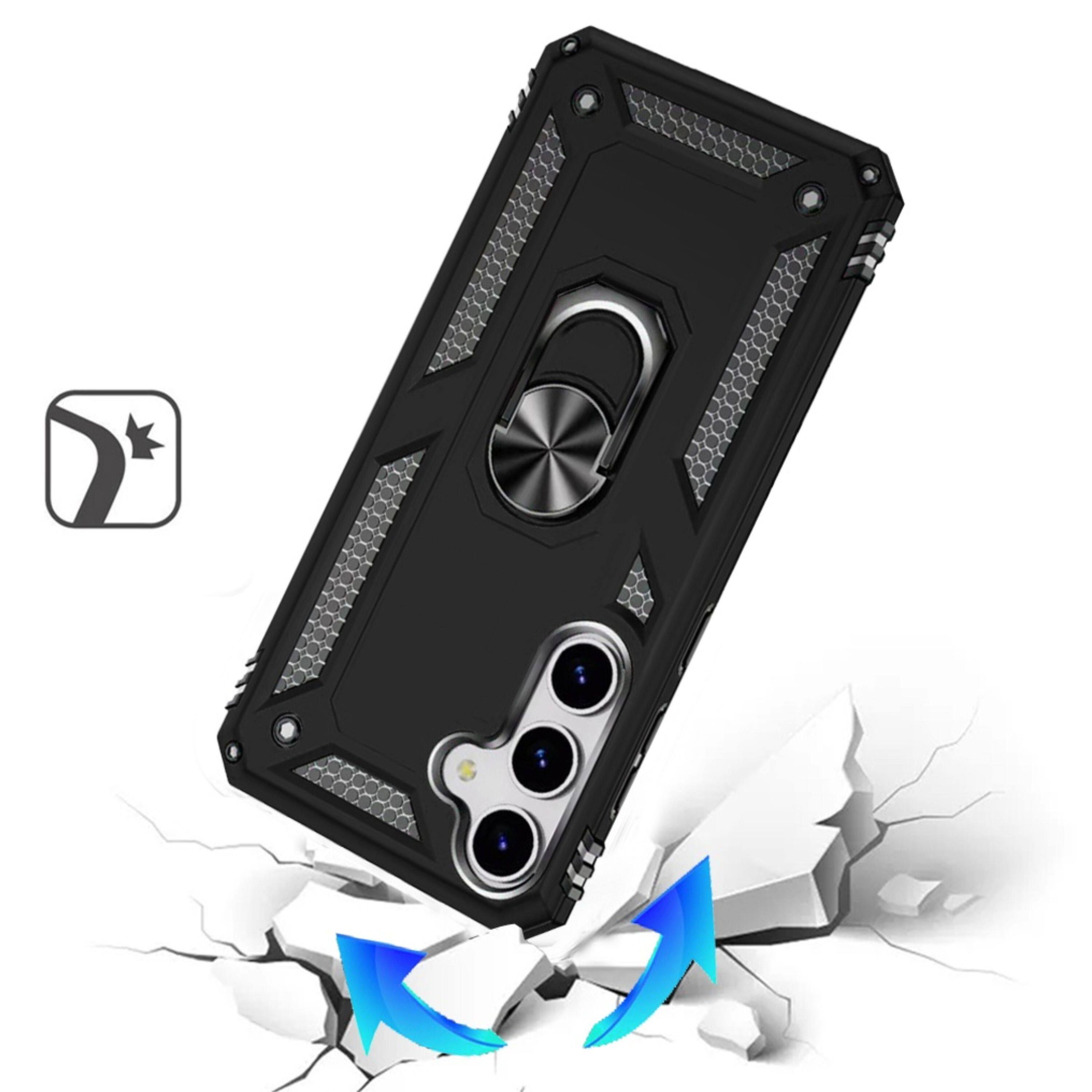 Left. Kitcheniva - Ring Holder Magnetic Kickstand Hybrid Case Plus Tempered Glass For Samsung S26 FE Black - Black.