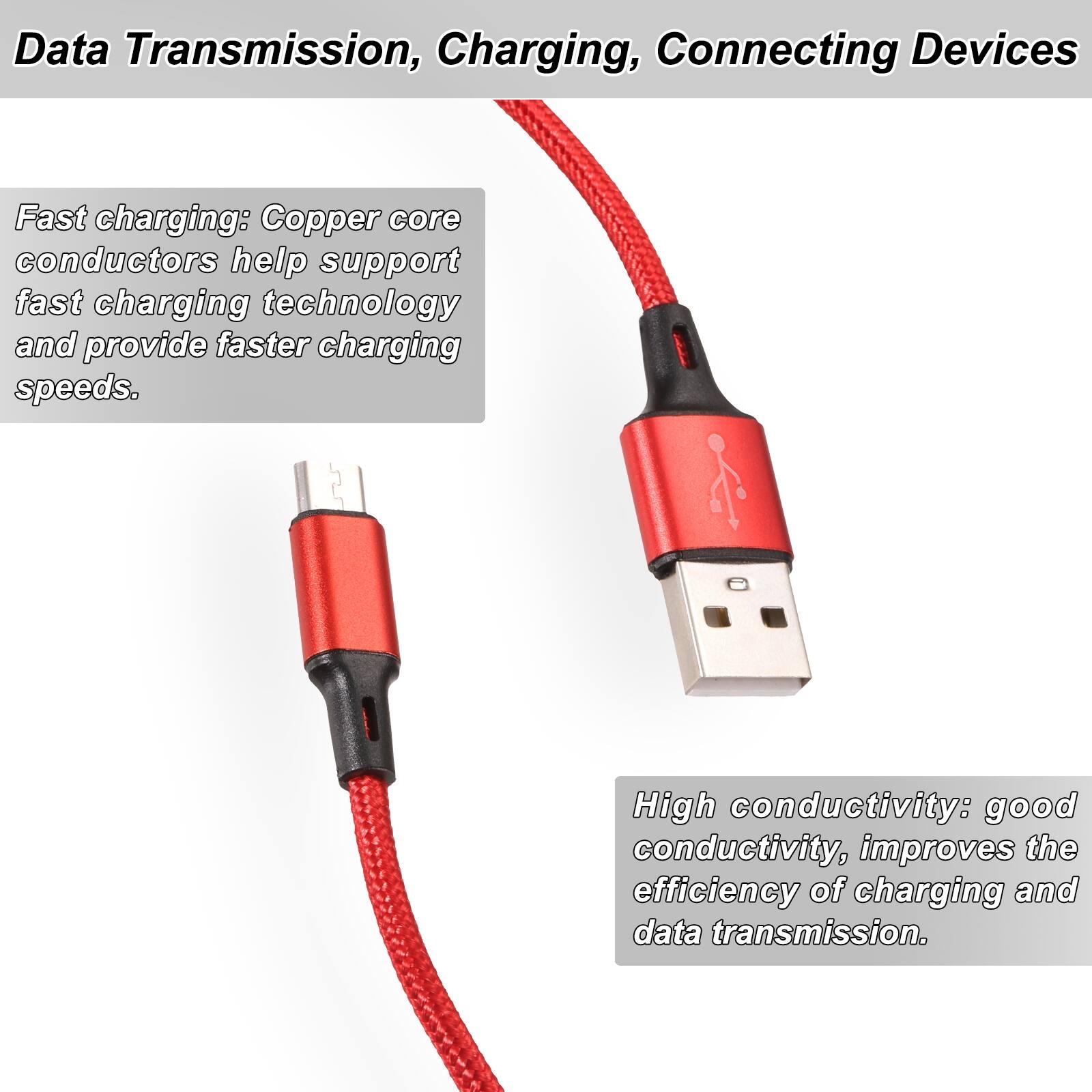 Data Transmission, Charging, Connecting Devices

Fast charging: Copper core conductors help support fast charging technology and provide faster charging speeds.

High conductivity: good conductivity, improves the efficiency of charging and data transmission.
