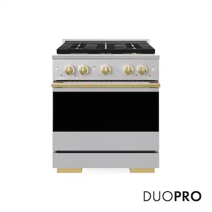 Front. ZLINE - Autograph 30 in. 4.2 cu. ft. Marino Freestanding DuoPro Dual Fuel Range with Convection Oven & Gold Accents - Stainless Steel.