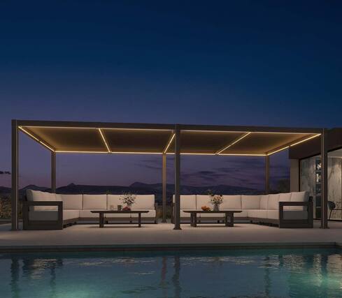 Front. PURPLE LEAF - Louvered Pergola with LED Strip Lights Outdoor Bronze Aluminum Hardtop Gazebo with Adjustable Roof for Patio Garden Yard - 11' X 23'.