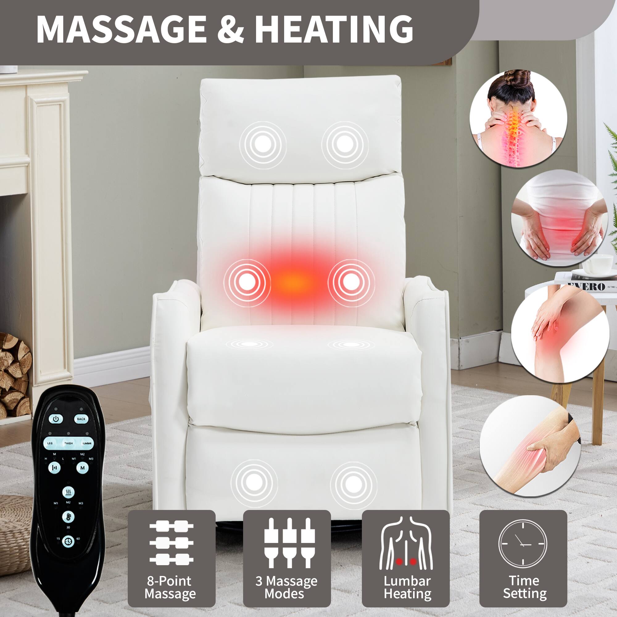 MASSAGE & HEATING

- 8-Point Massage
- 3 Massage Modes
- Lumbar Heating
- Time Setting