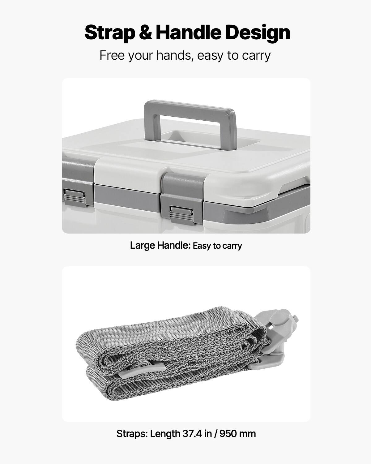Strap & Handle Design  
Free your hands, easy to carry  

Large Handle: Easy to carry  

Straps: Length 37.4 in / 950 mm