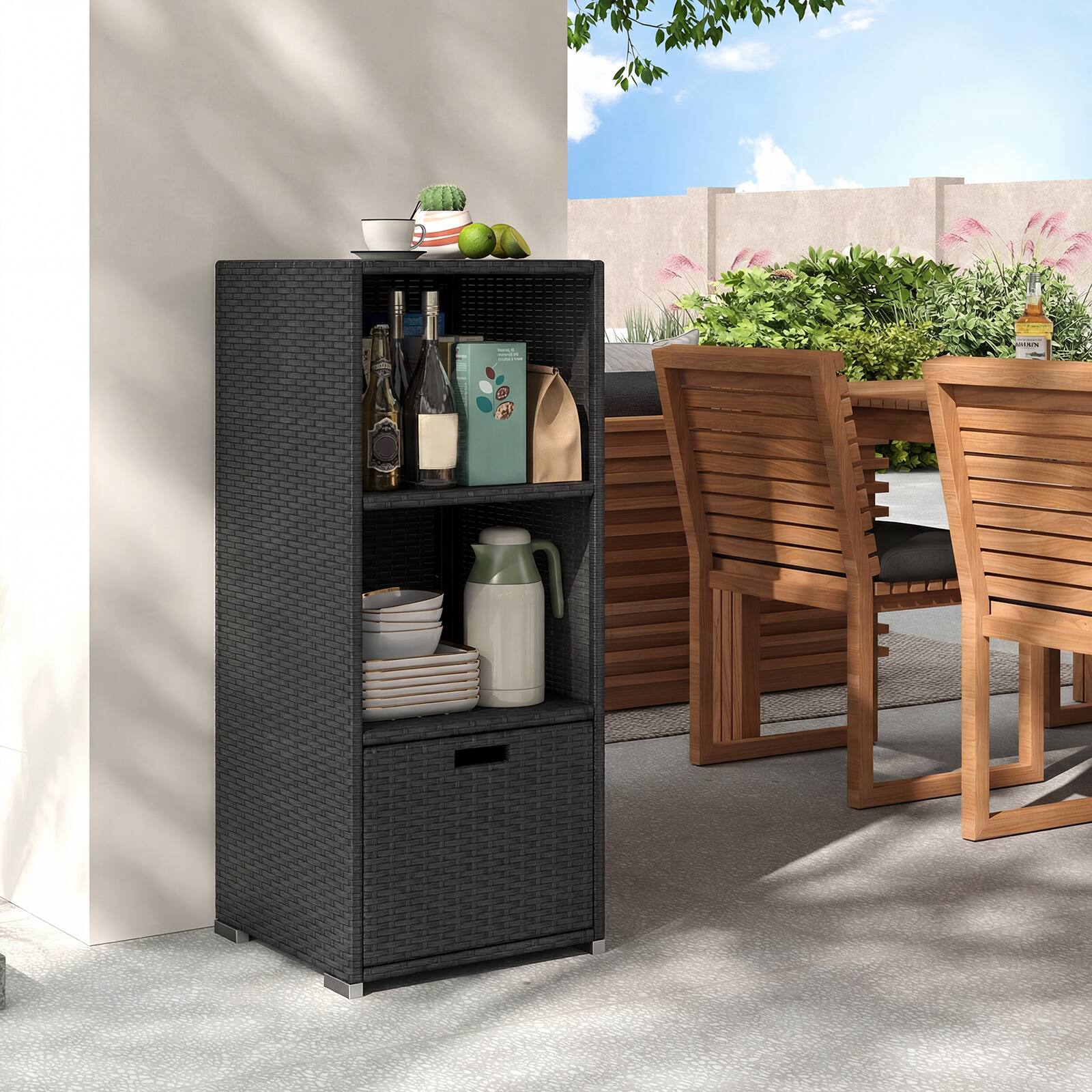 Alt View 3. Costway - Costway Outdoor Storage Cabinet with Storage Shelves Drawer and Rolling Wheels for Porch - Black.