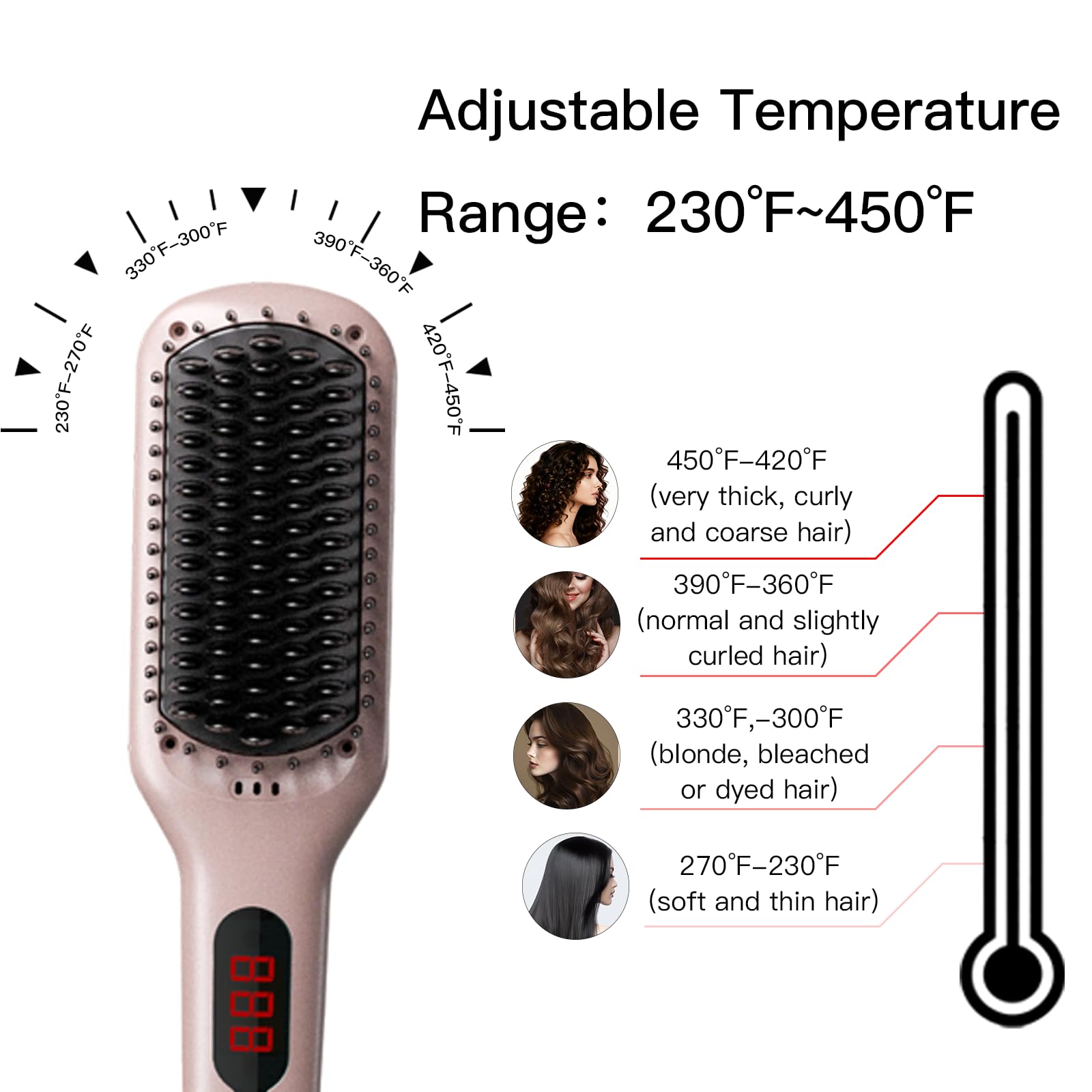 Adjustable Temperature Range: 230°F~450°F

- 270°F-230°F (soft and thin hair)
- 330°F-300°F (blonde, bleached or dyed hair)
- 390°F-360°F (normal and slightly curled hair)
- 450°F-420°F (very thick, curly and coarse hair)