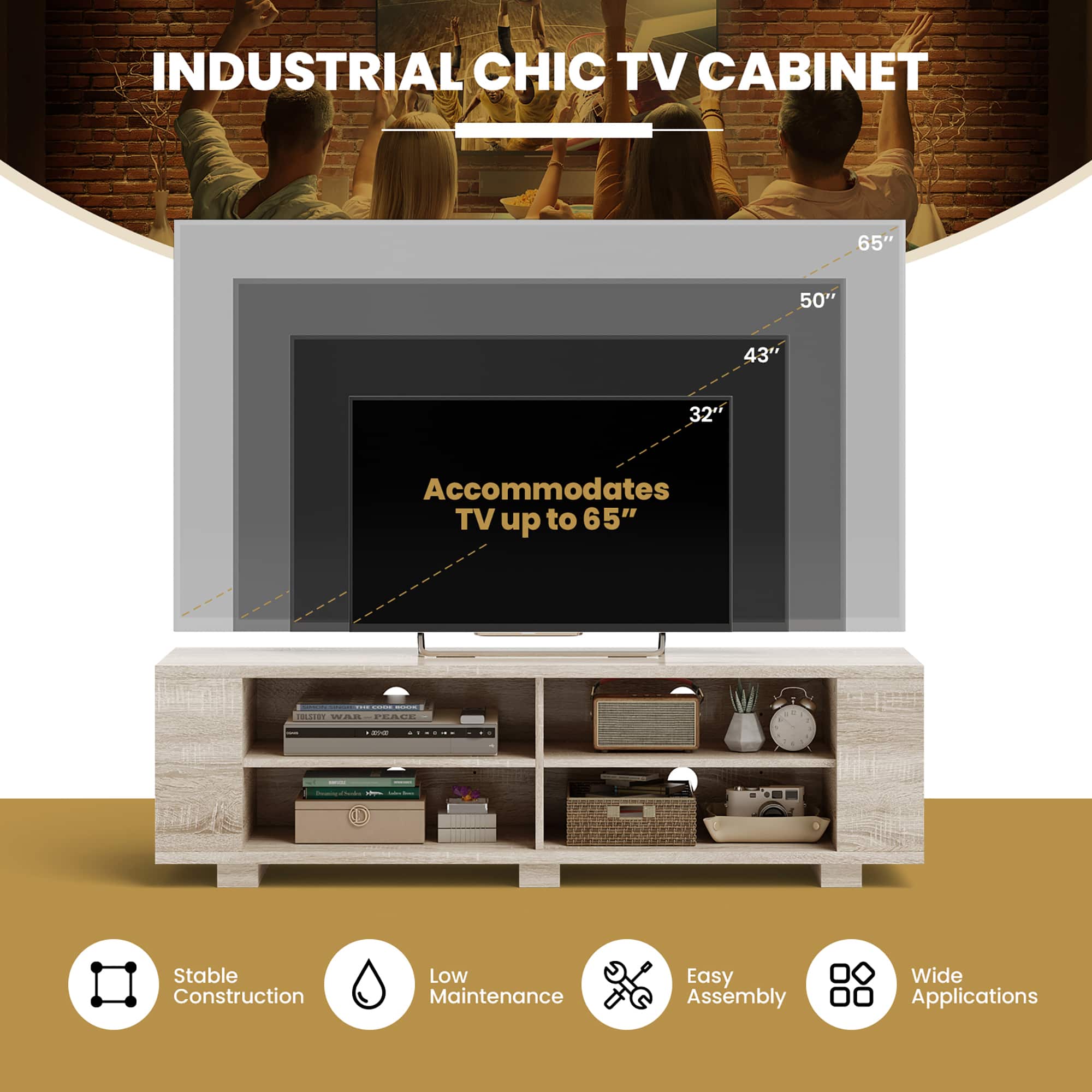 Industrial Chic TV Cabinet: Accommodates TV up to 65" 50" 43" 32" Stable Construction Low Maintenance Easy Assembly Wide Applications