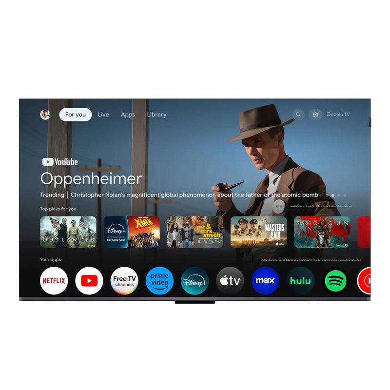 For you, Live, Apps, Library, Google TV, YouTube, Oppenheimer, Trending, Christopher Nolan's magnificent global phenomenon about the father of the atomic bomb, Top picks for you, XMEW, "7", Disney+, OHTLANDER, 11, Stream now, mr & mrs smith, MASTERS, JAIR HALL, Tve, O CUN, Your apps, NETFLIX, Free TV channels, prime video, DisNey+, tv max, hulu.