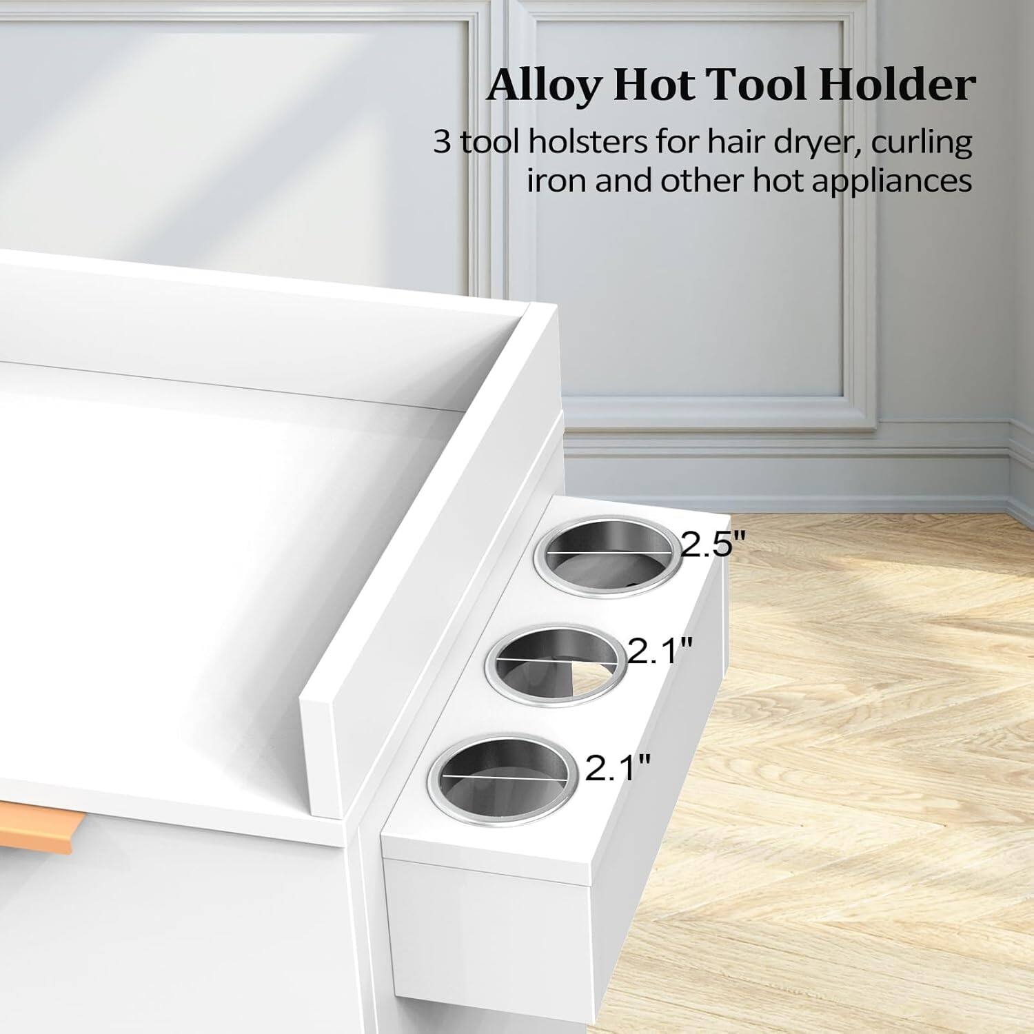 Alloy Hot Tool Holder  
3 tool holsters for hair dryer, curling iron and other hot appliances  
2.5"  
2.1"  
2.1"