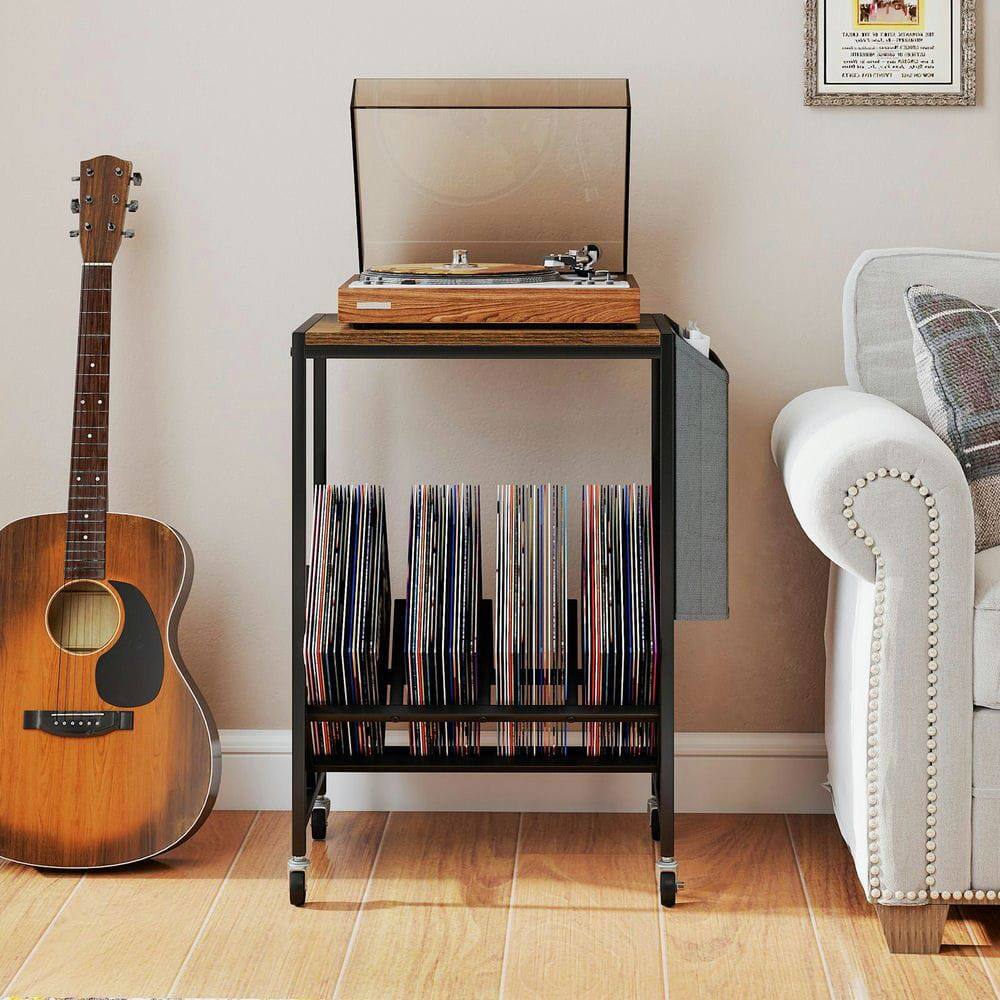 Alt View 4. Kadyn - Rolling 2-Tier Turntable Stand with Vinyl Storage and Magazine Rack, Rustic Brown - Brown.