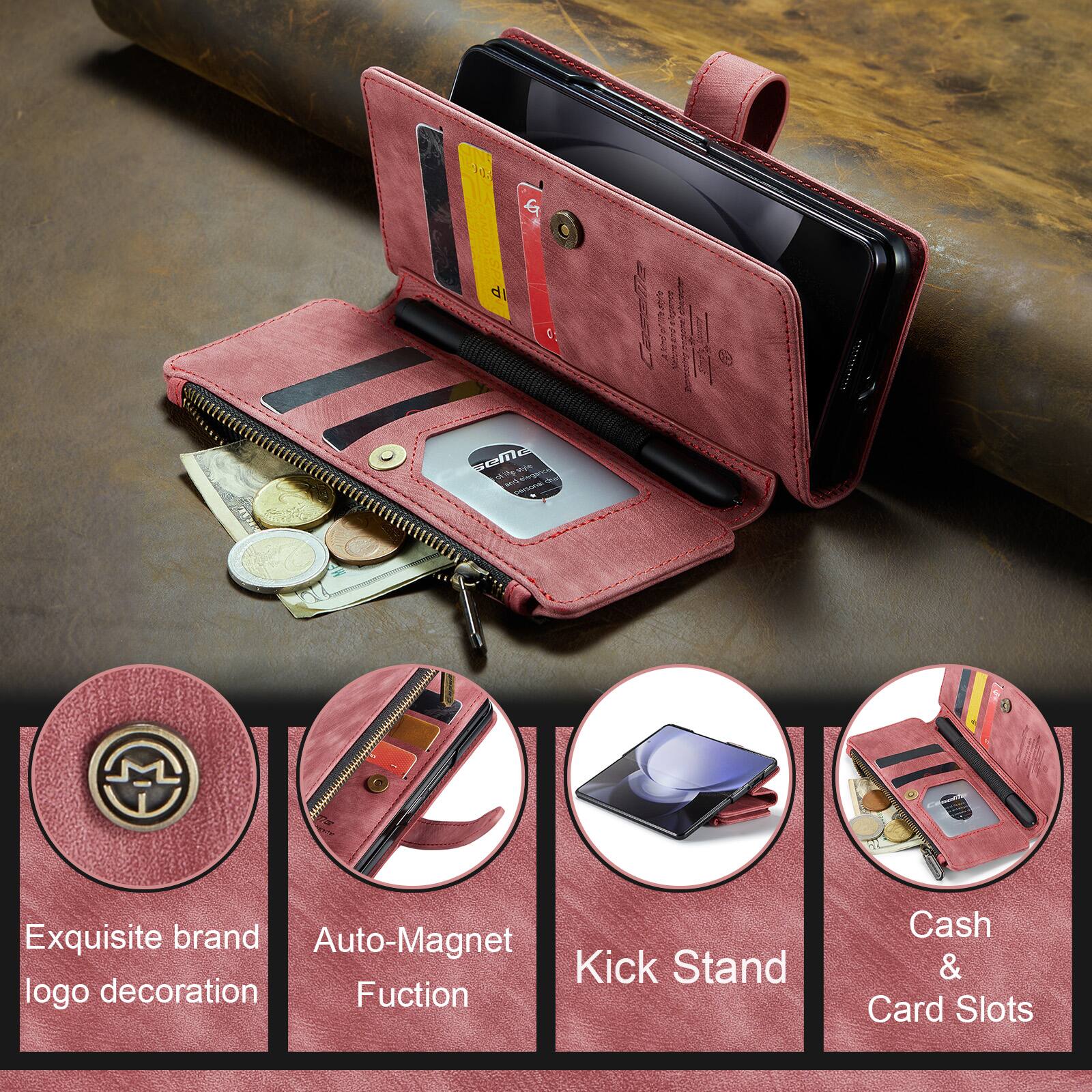 Exquisite brand logo decoration  
Auto-Magnet Fuction  
Kick Stand  
Cash & Card Slots