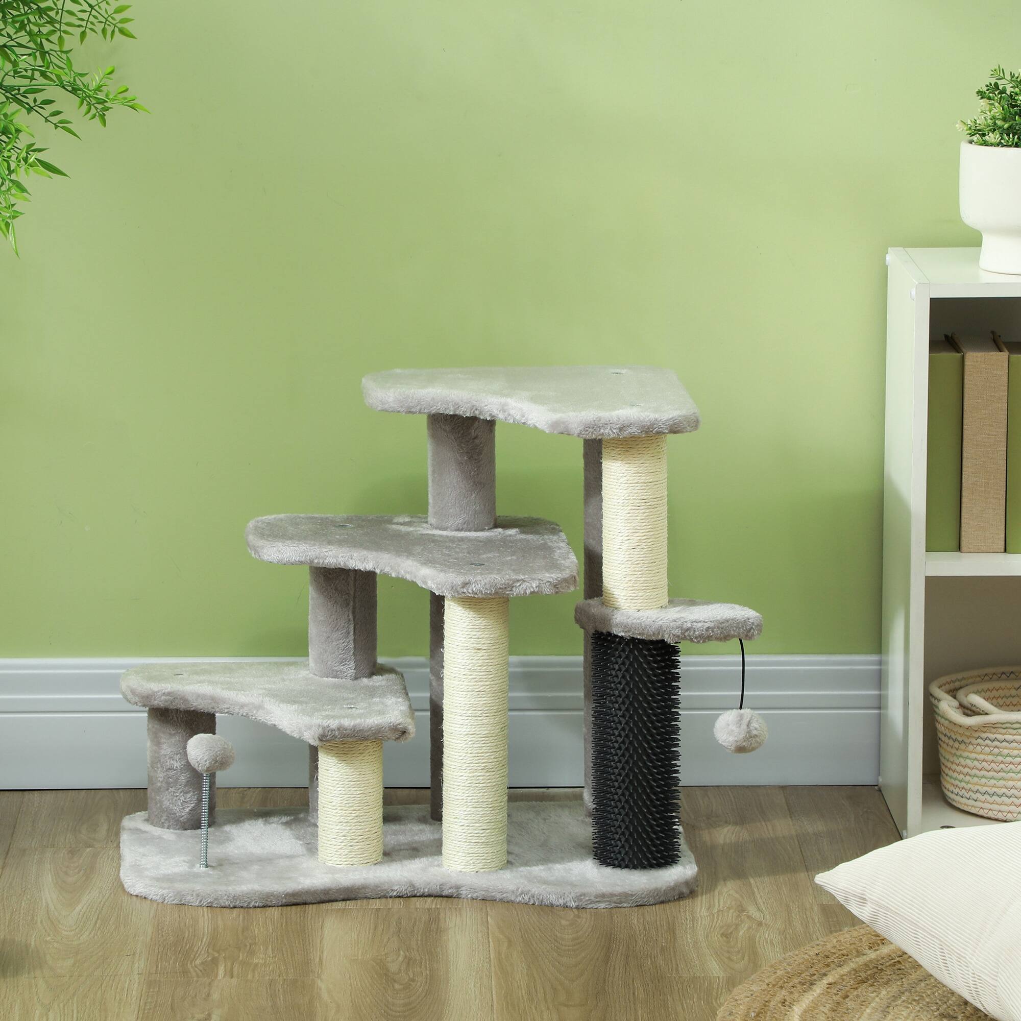 Alt View 5. Pawhut - 20" Pet Stairs for Cats, 2 in 1 3-Step Cat Tree Tower with Scratching Posts, Tickling Post, Toy Balls, for High Beds - Light Gray.