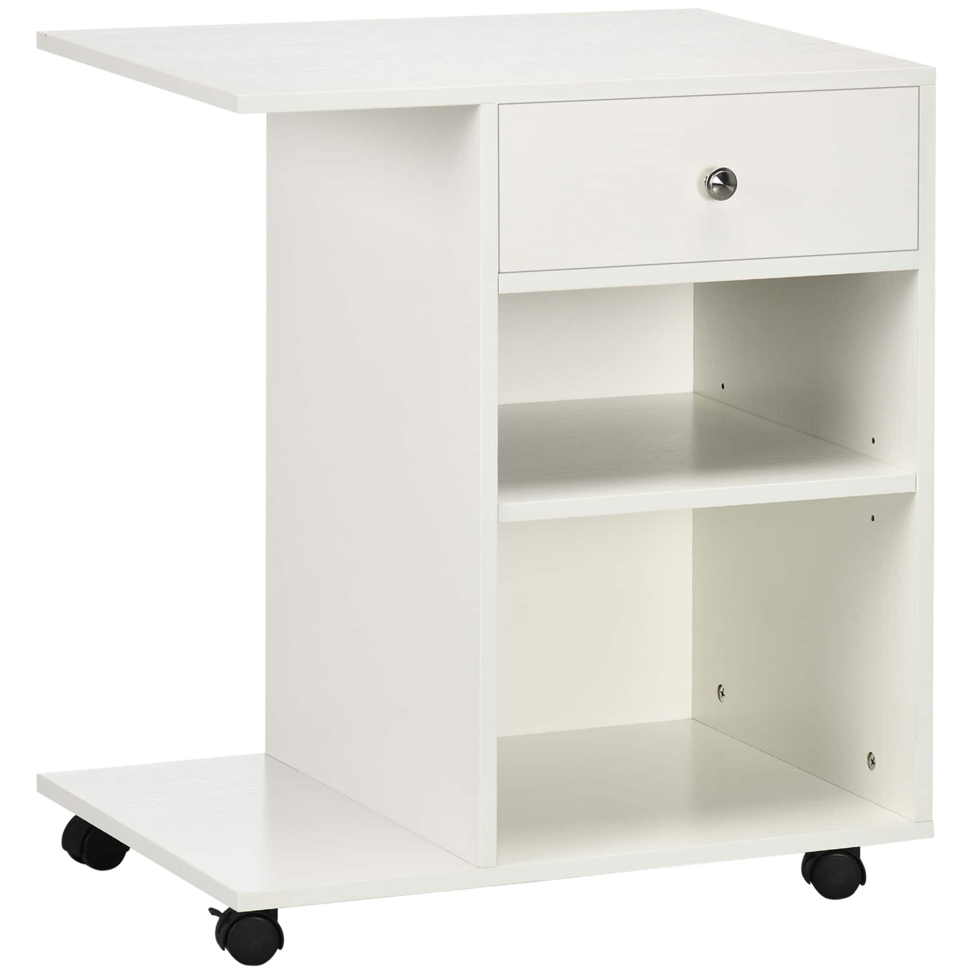 TinyHomie - Mobile Printer Stand Rolling File Cabinet Cart with Wheels Adjustable Shelf Drawer and CPU Stand White