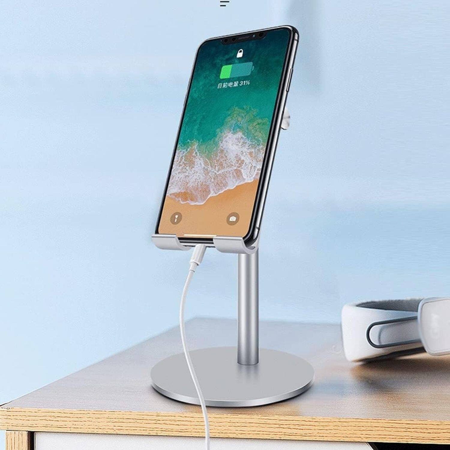 Left. Stock Preferred - Adjustable Aluminum Desktop Phone & Tablet Stand - Silver.