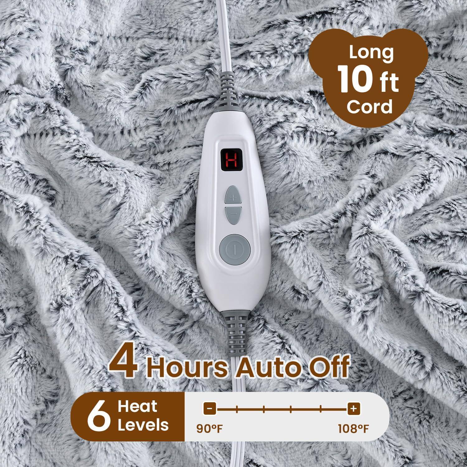 - Long 10 ft Cord
- 4 Hours Auto Off
- 6 Heat Levels
- 90°F to 108°F