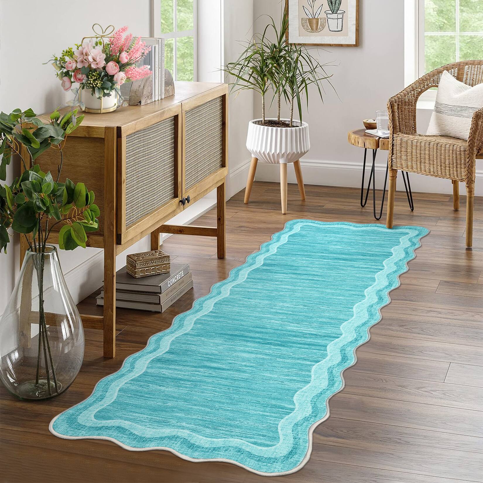Jojoka - Modern Minimalist Area Rug Machine Washable Low Pile Non Slip Scalloped Boder Rug for Living Room Bedroom Dining Room - Blue Green