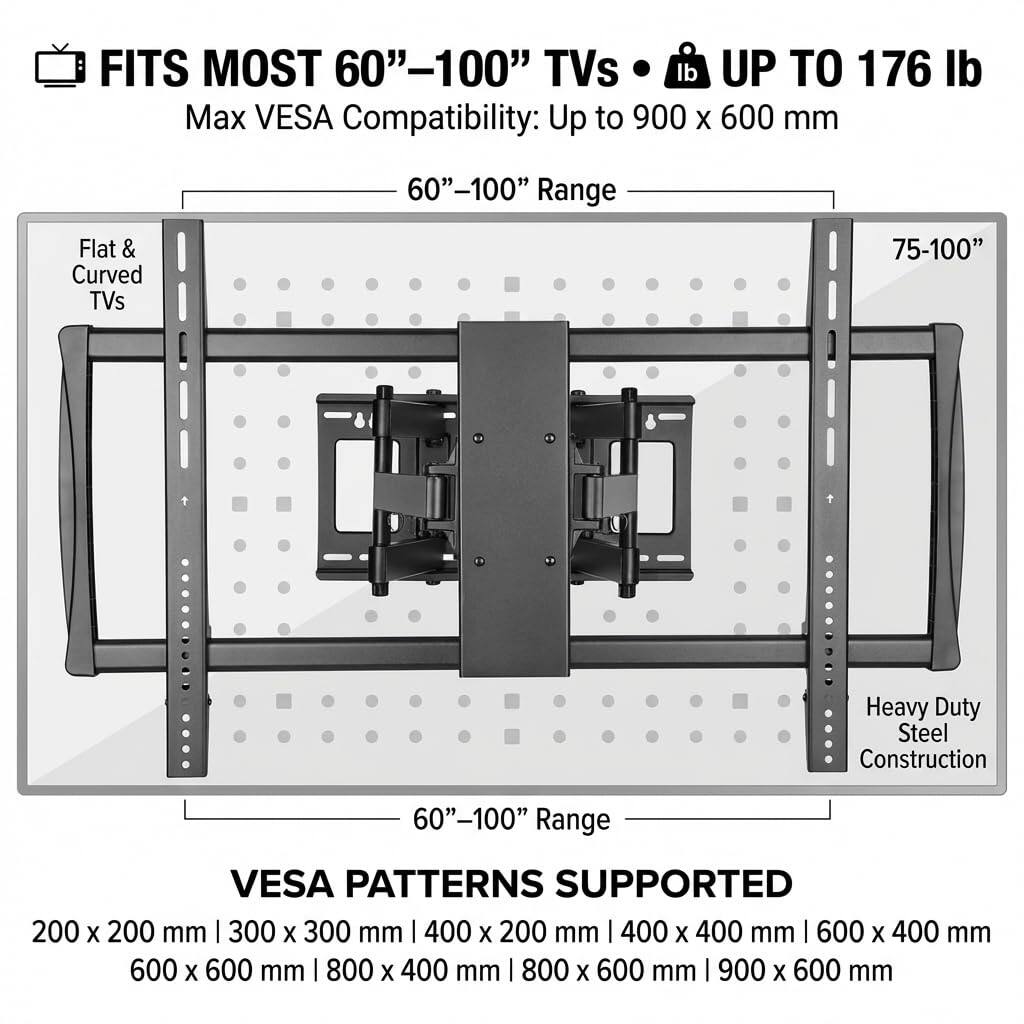 FITS MOST 60"–100" TVs  
Max VESA Compatibility: Up to 900 x 600 mm  
60"–100" Range  
Flat & Curved TVs  
75-100"  
Heavy Duty Steel Construction  
60"–100" Range  

VESA PATTERNS SUPPORTED  
200 x 200 mm | 300 x 300 mm | 400 x 200 mm | 400 x 400 mm | 600 x 400 mm | 600 x 600 mm | 800 x 400 mm | 800 x 600 mm | 900 x 600 mm