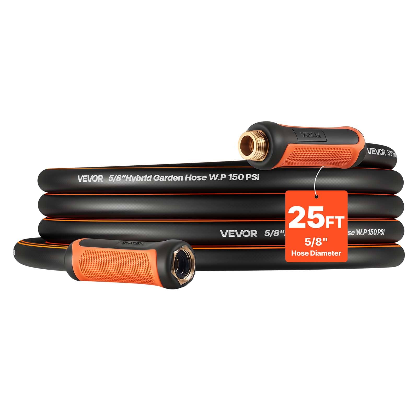 VEVOR - Garden Hose, 25 ft 5/8" Heavy Duty 4-Layer Rubber Water Hose, 150PSI Working & 600PSI Burst, Flexible & Non-kink Outdoor - Orange + Black