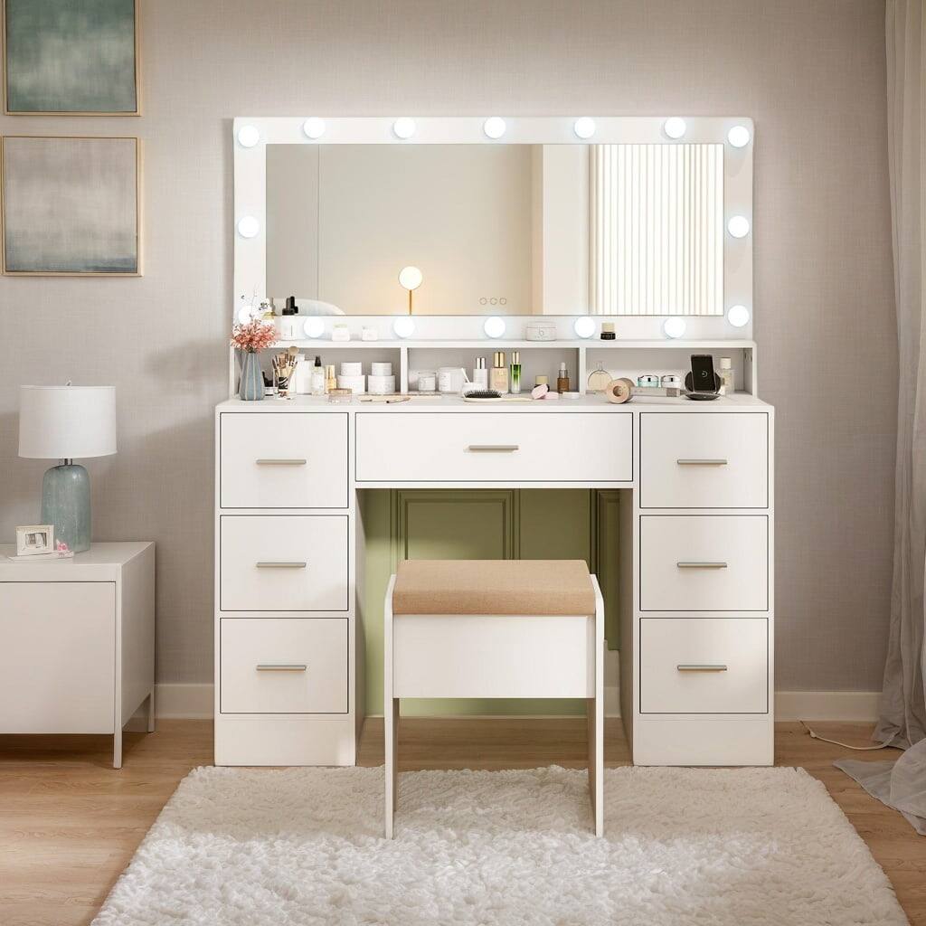 Front. Kadyn - Table & Chair Vanity Set, Vanity Set,Makeup Vanity Desk with Mirror 3-Color LED Lights and Charging Station-White - White.