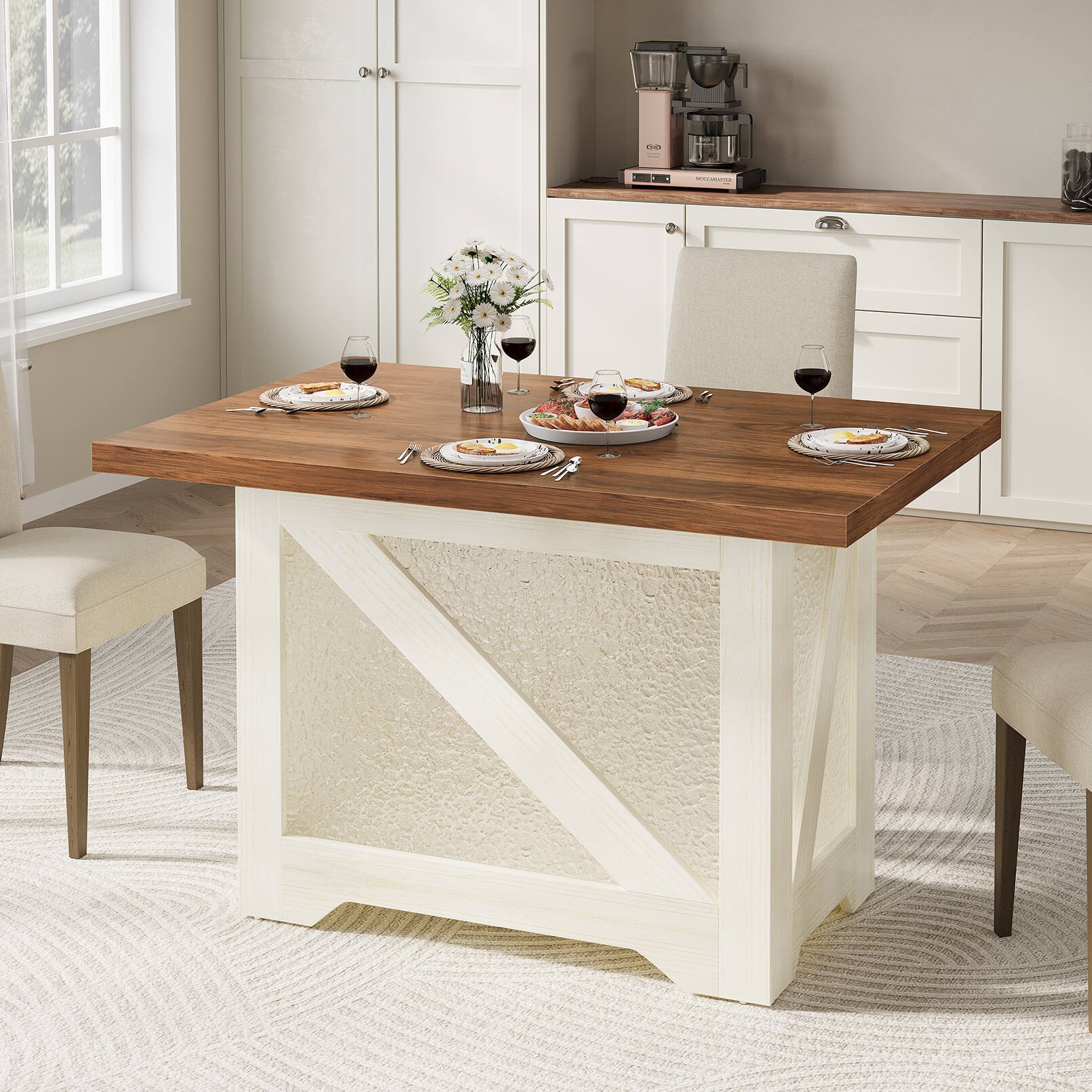 Alt View 1. Anysun - 47" Farmhouse Dining Table for 4 - Rectangular, Thick 1.8" Top, Translucent Acrylic X-Base - White.