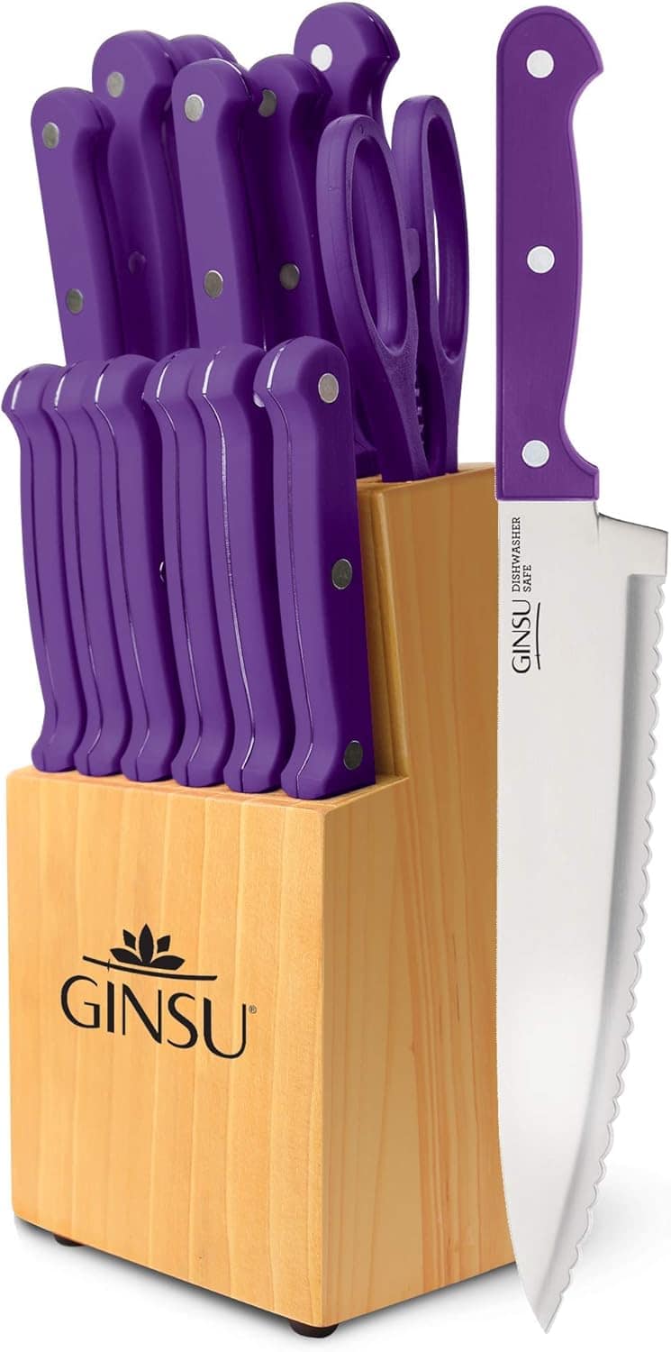Ginsu - Kiso 14-Piece Knife Set with Natural Block - Dishwasher Safe and Always Sharp - Purple