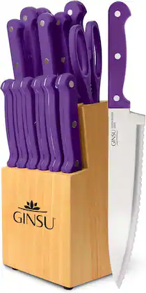 Ginsu - Kiso 14-Piece Knife Set with Natural Block - Dishwasher Safe and Always Sharp - Purple