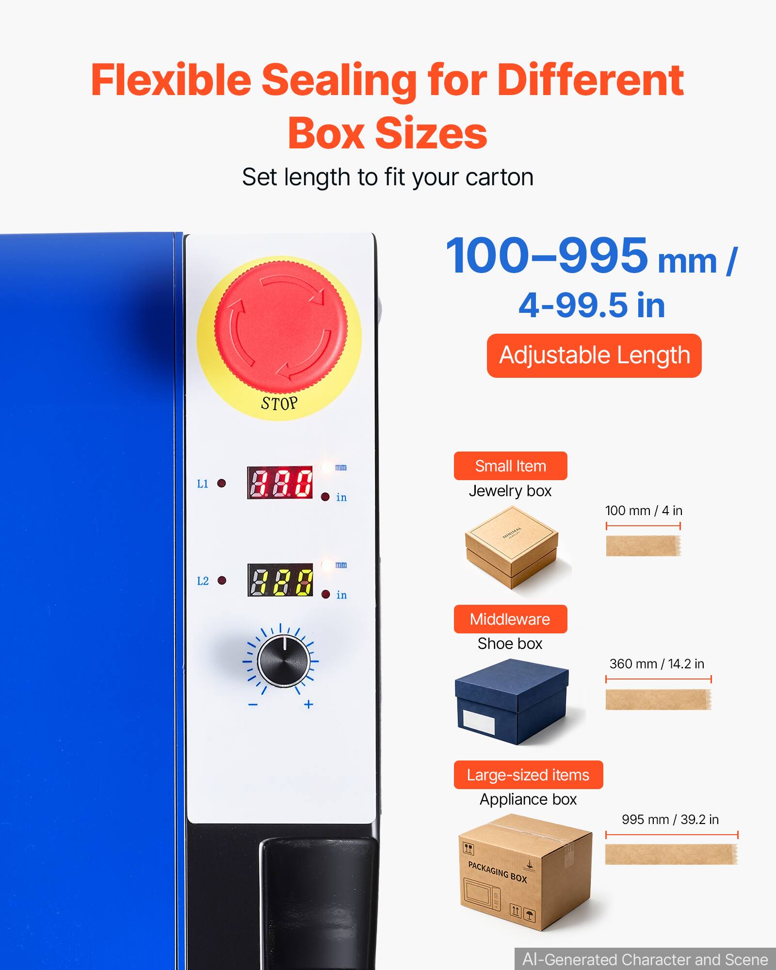 Flexible Sealing for Different Box Sizes  
Set length to fit your carton  
100-995 mm / 4-99.5 in  
Adjustable Length  

Small Item  
Jewelry box  
100 mm / 4 in  

Middleware  
Shoe box  
360 mm / 14.2 in  

Large-sized items  
Appliance box  
995 mm / 39.2 in  

PACKAGING BOX  

AI-Generated Character and Scene