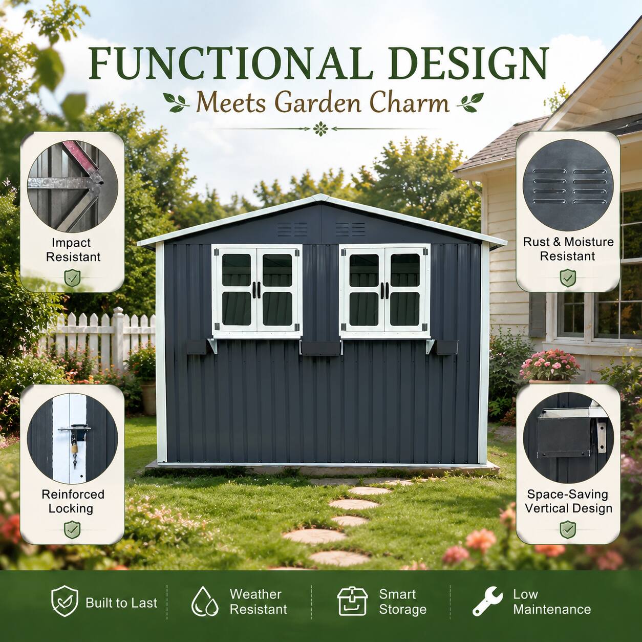 FUNCTIONAL DESIGN Meets Garden Charm  
Impact Resistant  
Rust & Moisture Resistant  
Reinforced Locking  
Space-Saving Vertical Design  
Built to Last  
Weather Resistant  
Smart Storage  
Low Maintenance