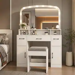 WELLFOR - Vanity Desk with Arched Mirror and Lights,Makeup Vanity Table Set with Charging Station & Stool, Dressing Table - White
