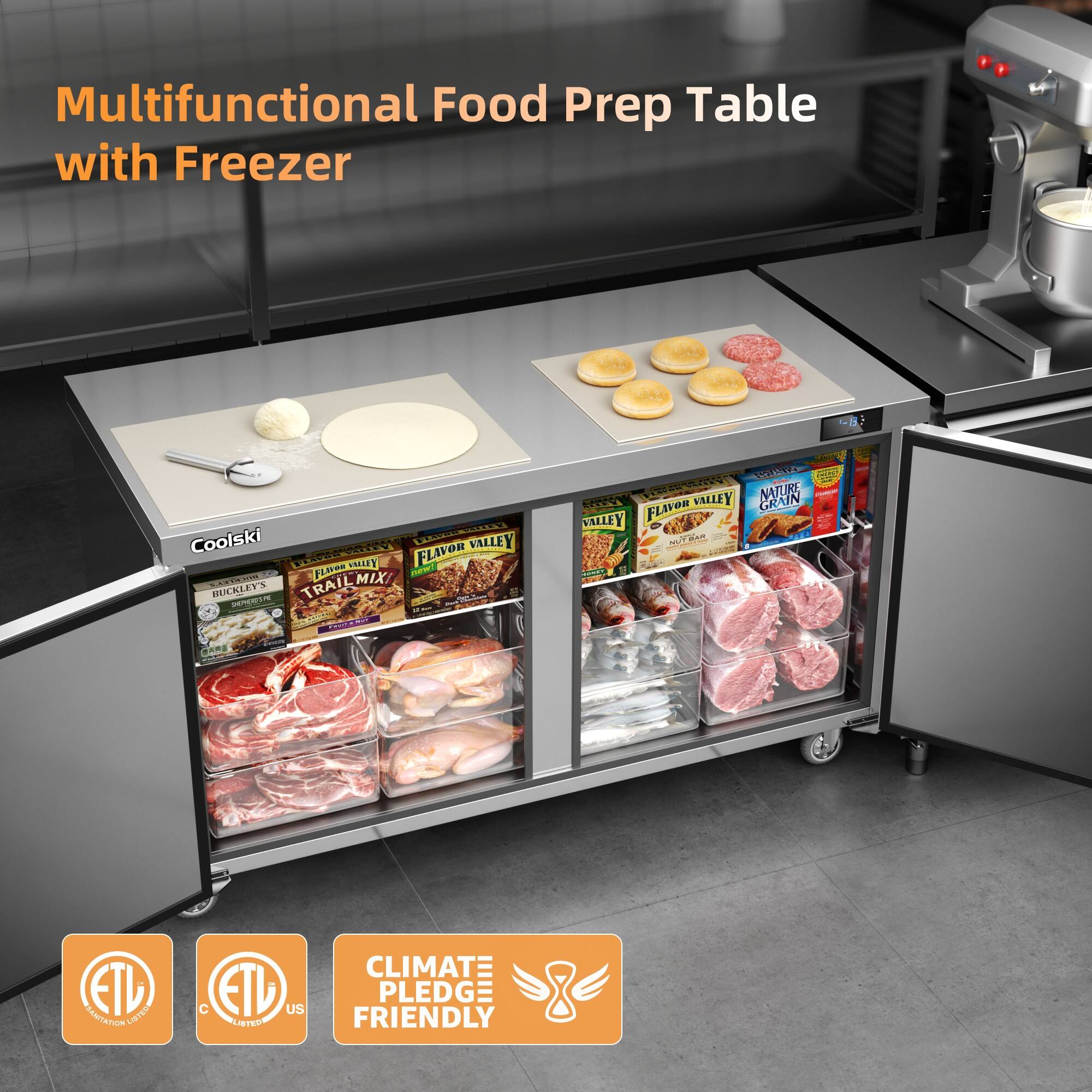 Multifunctional Food Prep Table with Freezer

Coolski

FLAVOR VALLEY

Buckley's TRAIL MIX

NATURE GRAIN

ETL

CLIMATE PLEDGE FRIENDLY