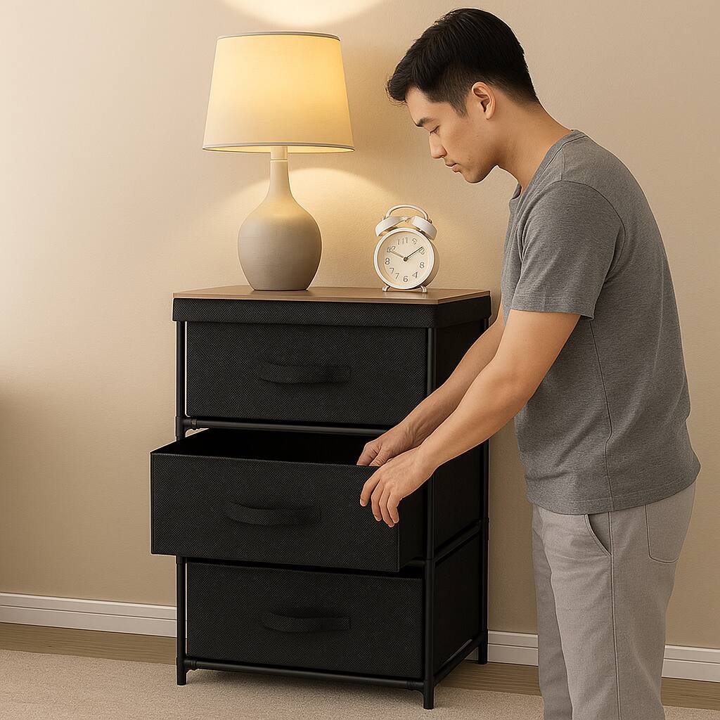 Angle. Hivvago - Compact 3-Tier Nightstand with Fabric Drawers and Metal Base - Black.