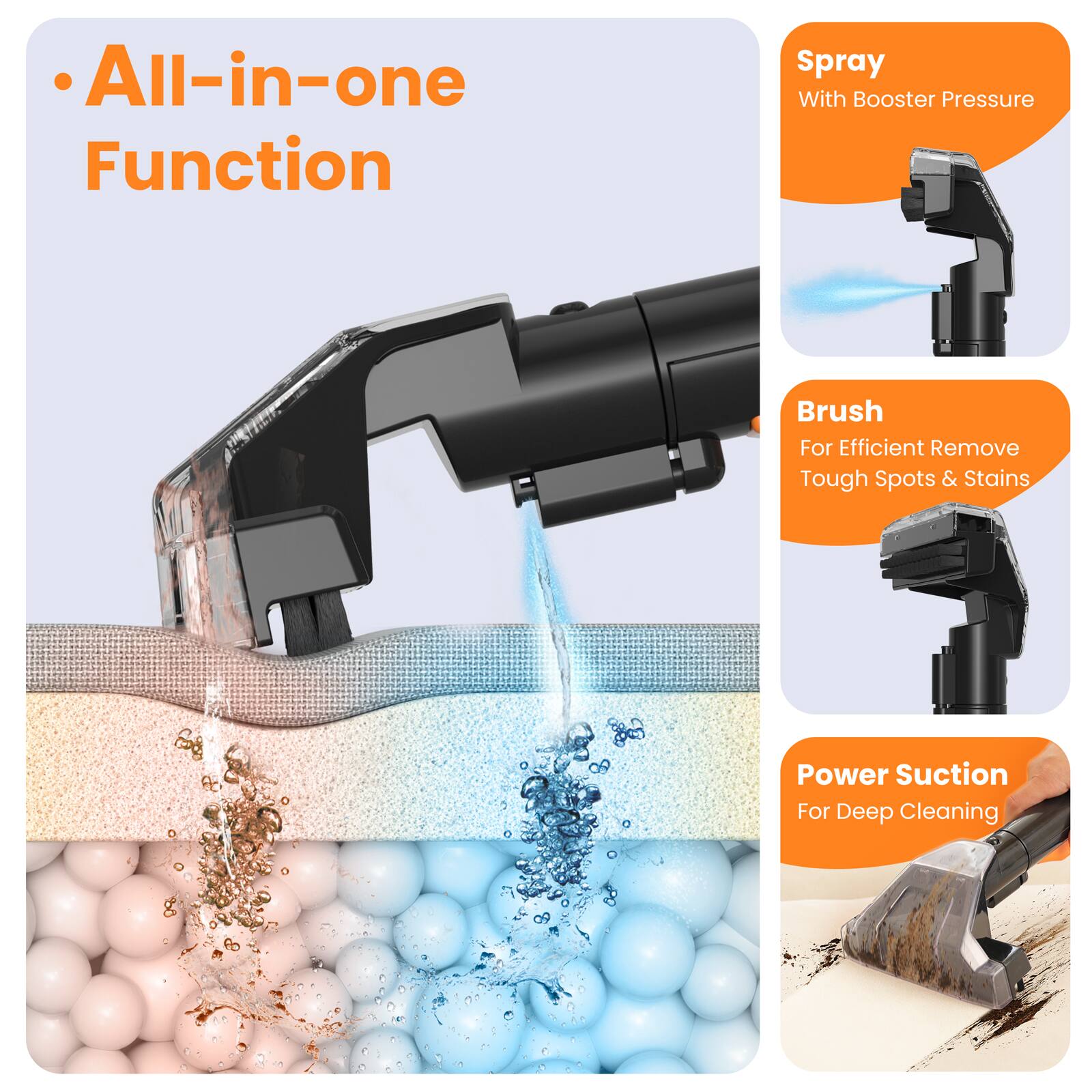 All-in-one Function Spray With Booster Pressure Brush For Efficient Remove Tough Spots & Stains Power Suction For Deep Cleaning