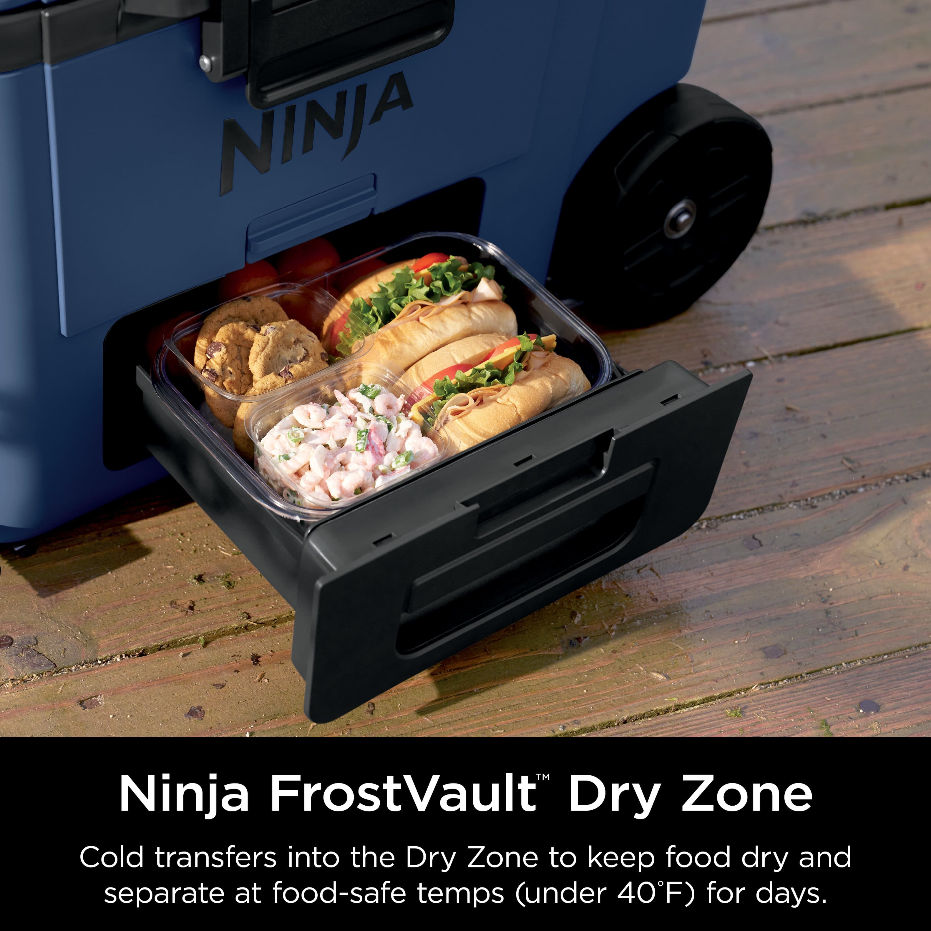 Ninja FrostVault Dry Zone: Cold transfers into the Dry Zone to keep food dry and separate at food-safe temps (under 40F) for days.