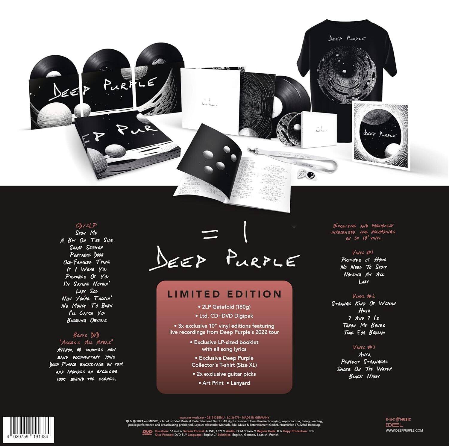 Deep Purple DEET PURPLE PuR 4 beer PuenLe Q/2LP Sepr Me r O Tes Soe SEAP SnooTER PORYABIE Door Ow-FANACE TG Ir I WaRs o Picrutis Or Yo I'm SAPING Nore' LAY e2 No Yoin TAKIH" No Moner To Bute Tu GarCa you RSDUA OBrors Bones M "Acesss Au AREAS" R. 6 MENUVES Wed BNP DOINSHTARY J0WE Dear PuRhis BACKETARE ON TOuE ANP PROVIDES AN FCOFEIE L00K SEIK YIE ECENEL. DEED PURPLE LIMITED EDITION 2LP Gatefold (180g) Ltd. CD+DVD Digipak 3x exclusive 10 vinyl editions featuring live recordings from Deep Purple's 2022 tour Exclusive LP-sized booklet with all song lyrics Exclusive Deep Purple Collector's T-shirt (Size XL) 2x exclusive guitar picks Art Print Lanyard

VINYL #1
- Show Me
- A Bit On The Side
- Sharper Snooter
- Portable Door
- Out-Fanaged Thing
-