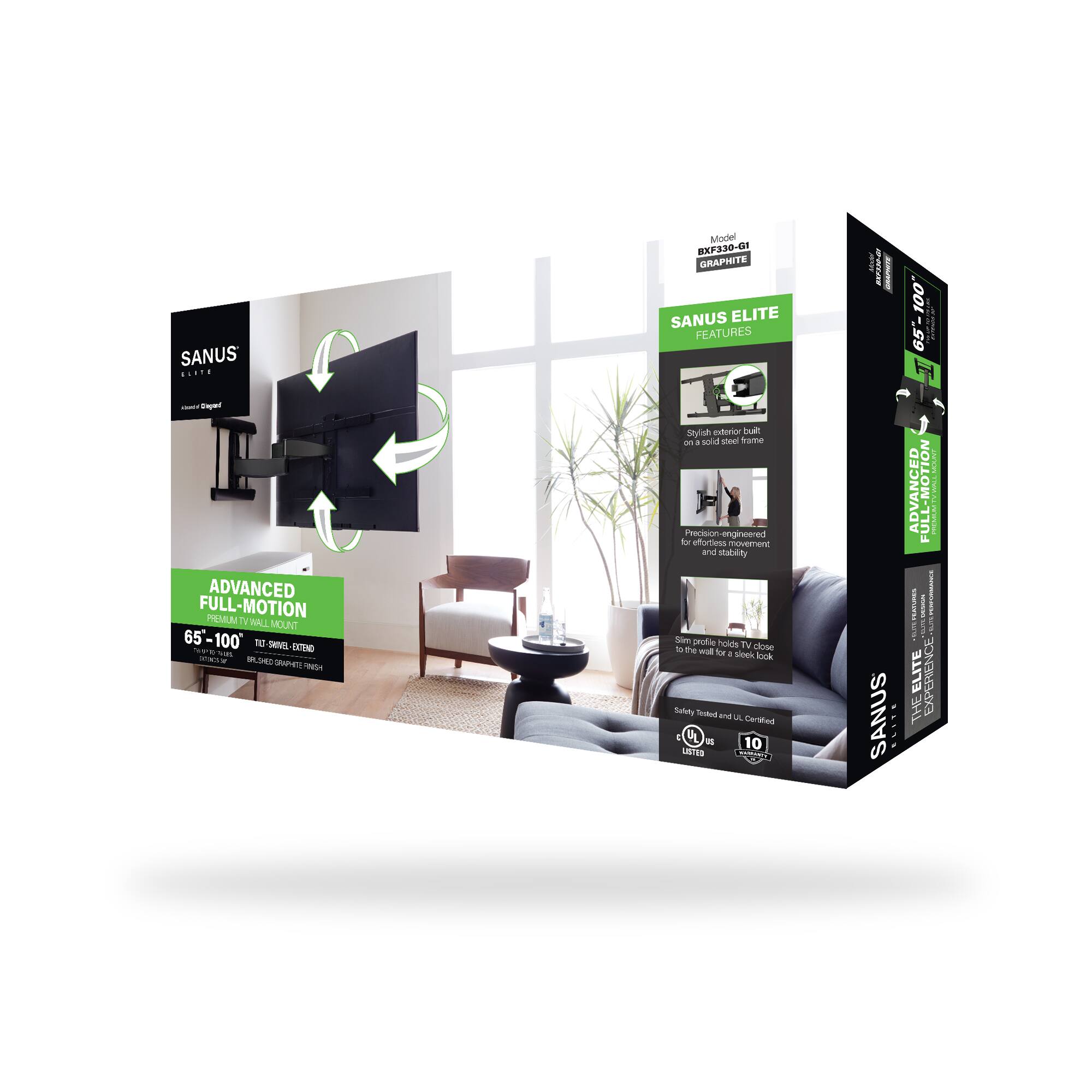 SANUS ELITE FEATURES:

1. Advanced Full-Motion TV Mount
2. Steel construction for durability and stability
3. Effortless installation with included hardware
4. 100% satisfaction guarantee for 4 weeks
5. 10-year limited warranty

SANUS ELITE EXPERIENCE:

1. Advanced Full-Motion TV Mount
2. Steel construction for durability and stability
3. Effortless installation with included hardware
4. 100% satisfaction guarantee for 4 weeks
5. 10-year limited warranty