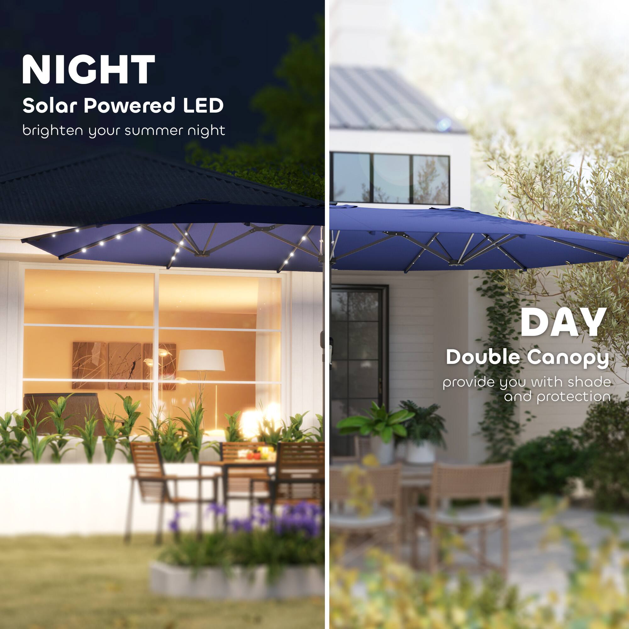 NIGHT Solar Powered LED brighten your summer night
DAY Double Canopy provide you with shade and protection