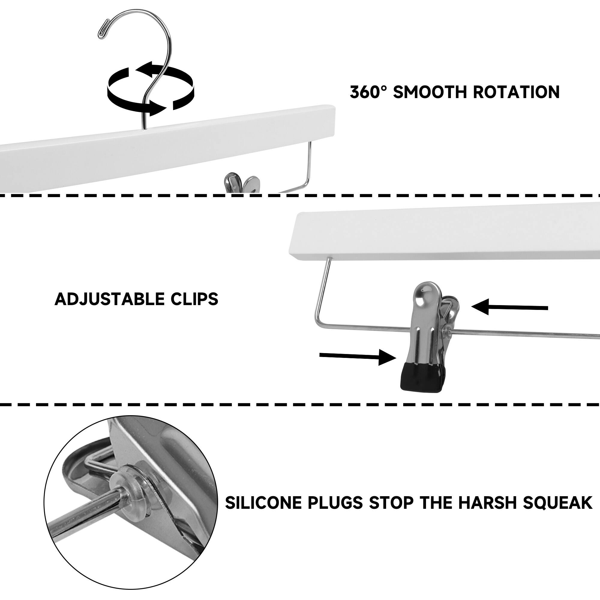360° SMOOTH ROTATION

ADJUSTABLE CLIPS

SILICONE PLUGS STOP THE HARSH SQUEAK