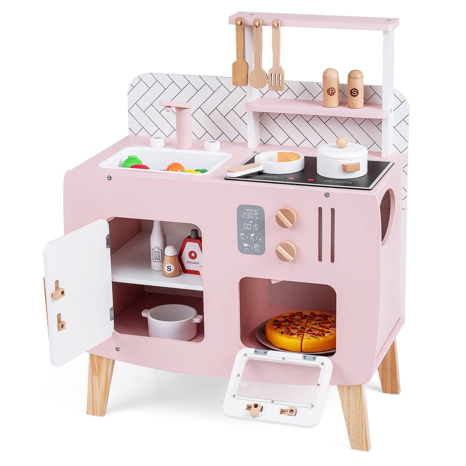 Gymax - Play Kitchen w/Stoves Sink Faucet Oven Storage Cabinet Shelves for Children 3+ - Pink