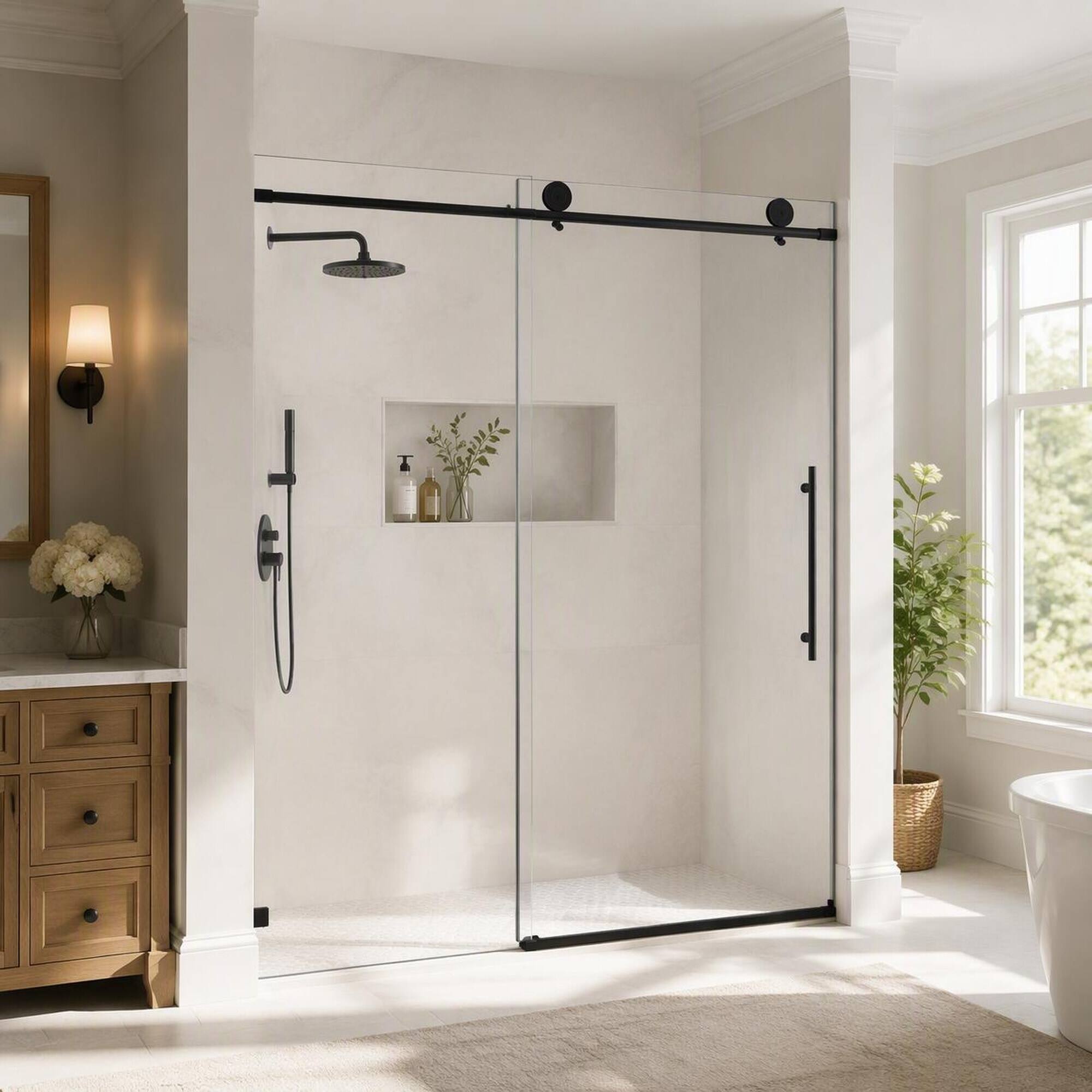 Back. RYHNUYNE - Matte Black Frameless Shower Door With 70mm Steel Pulleys, Soft Close And Nano Easy Clean - Matte Black.
