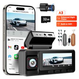 REDTIGER - A3 3 Channel, 2.5K Dash Camera, WDR Night Vision, 32GB Card, WiFi, 24H Parking Monitoring - Black