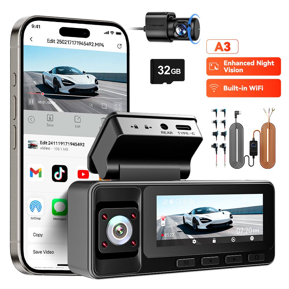 9:41 In. Edit 250217171945492.MP4 CREDTIGER A3 32GB GB Enhanced Night Vision Built-in WiFi II 00:01 1000s X < Save Edit REAR TYPE-C Edit 241119171945492 945492 video 106.1 MB GR a0o AirDrop Messages Copy 03:22 07:20PM PM Save Video