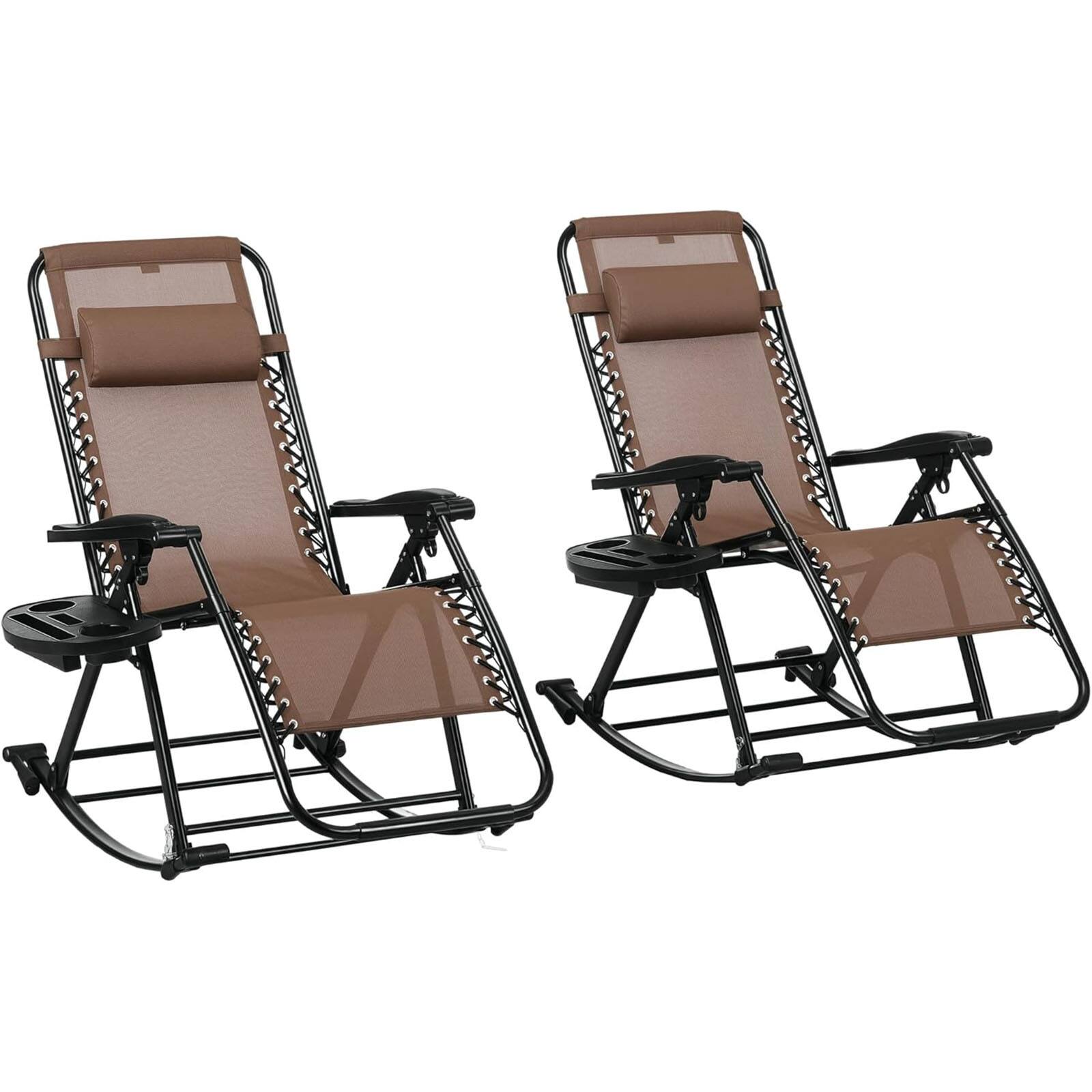 Front. Chateau Abodes - Zero Gravity Rocking Chair, Foldable Reclining Lounge with Pillow, Cup & Phone Holder for Outdoor - Brown 2 Packs.