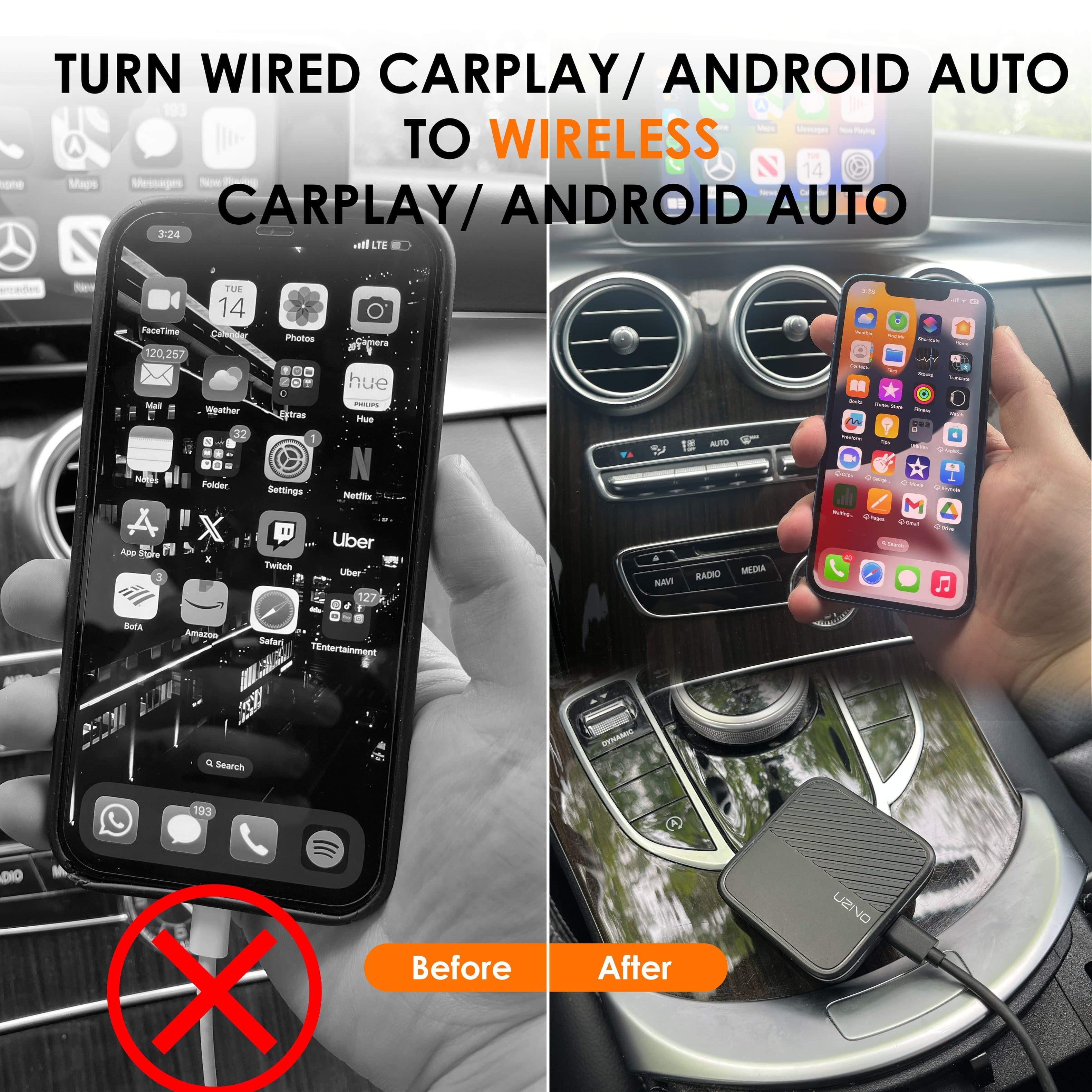 TURN WIRED CARPLAY/ ANDROID AUTO TO WIRELESS
Before:
- Maps
- Messages
- Camera
- FaceTime
- Photos
- Weather
- Podcasts
- Settings
- Media
- Uber
- App Store
- Twitch
- YouTube
- Entertainment
After:
- Maps
- Messages
- Camera
- FaceTime
- Photos
- Weather
- Podcasts
- Settings
- Media
- Uber
- App Store
- Twitch
- YouTube
- Entertainment