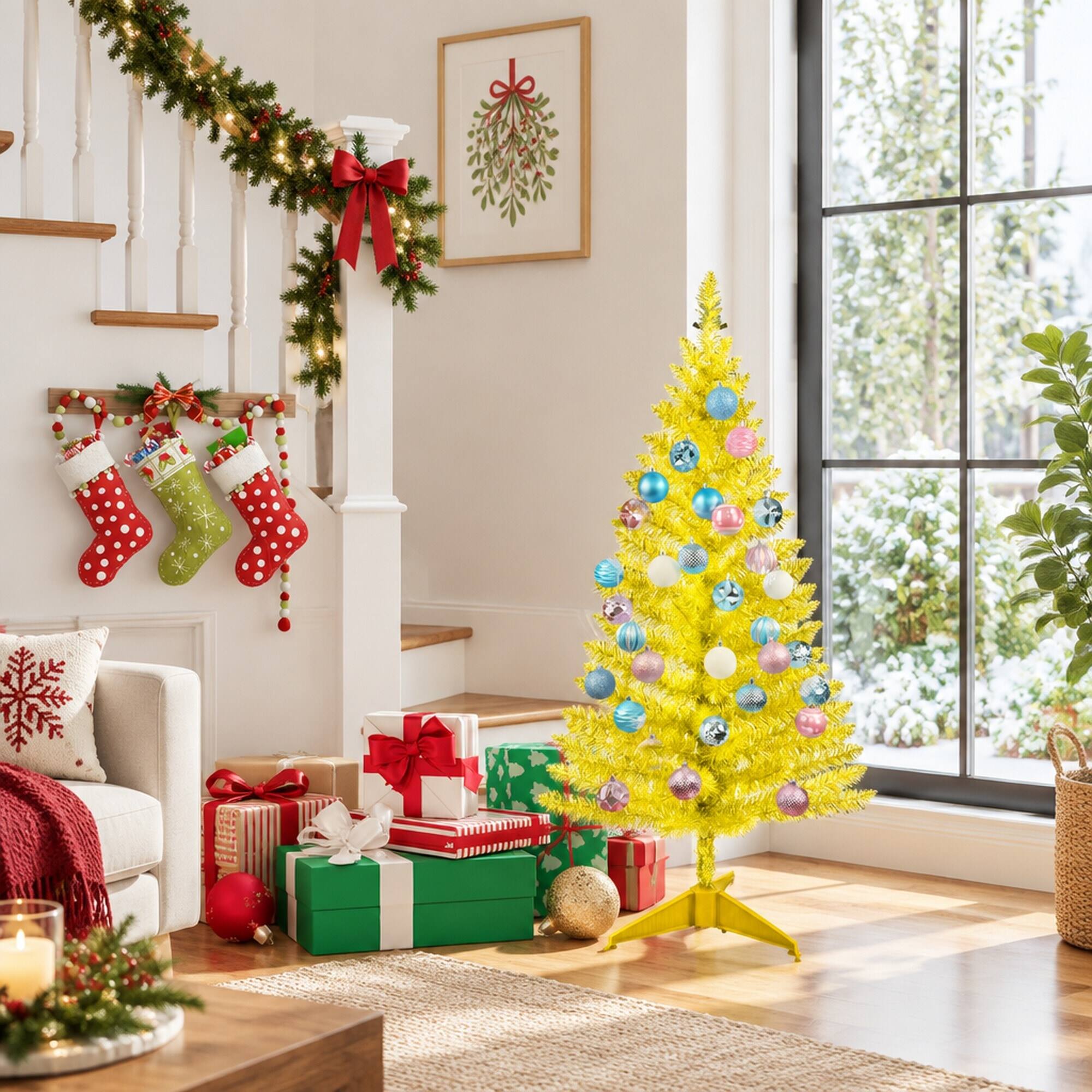 Back. RYHNUYNE - 4FT Pre-Lit Gold Christmas Tree With 50 Lights and 122 PVC Tips, for Tabletop and Small Spaces - Gold.