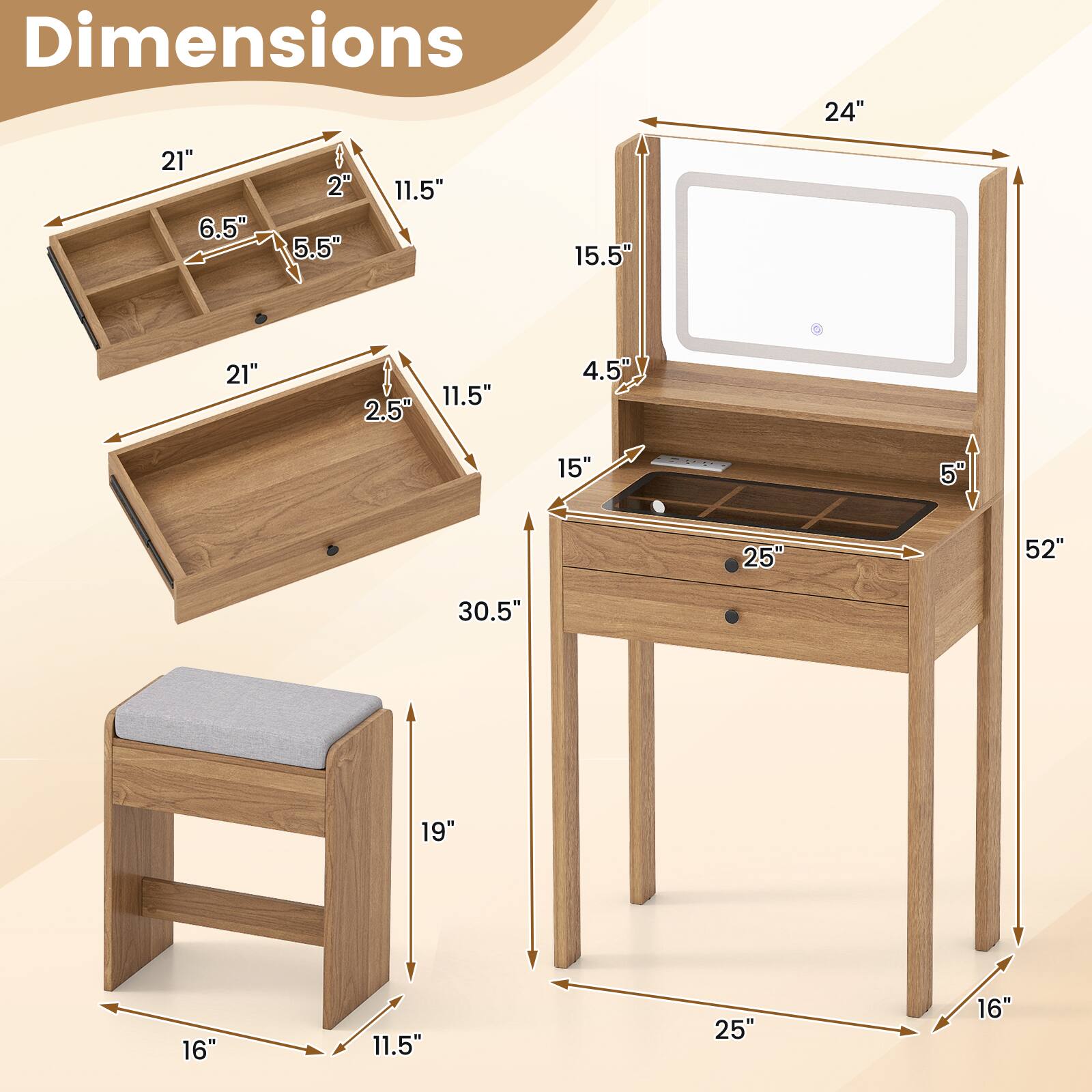 Dimensions:  
- 24"  
- 21"  
- 6.5"  
- 2"  
- 5.5"  
- 11.5"  
- 15.5"  
- 21"  
- 2.5"  
- 11.5"  
- 4.5"  
- 15"  
- 25"  
- 5"  
- 52"  
- 30.5"  
- 19"  
- 16"  
- 11.5"  
- 25"  
- 16"
