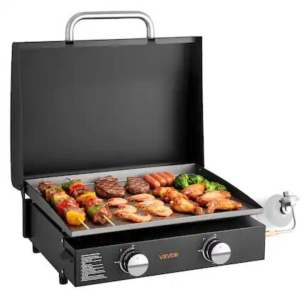 Front. VEVOR - Gas Griddle, 2 Burner Tabletop Griddle, 22 inch Portable Griddles Propane with Lid, Oil Drain Hole & Oil Collection Tray - Black.